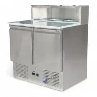 Bajo Mostrador Refrigerado con Topinera de acero inoxidable 90 cm ancho 2 puertas comercial 3 cubas con frio marca Kuma PS900