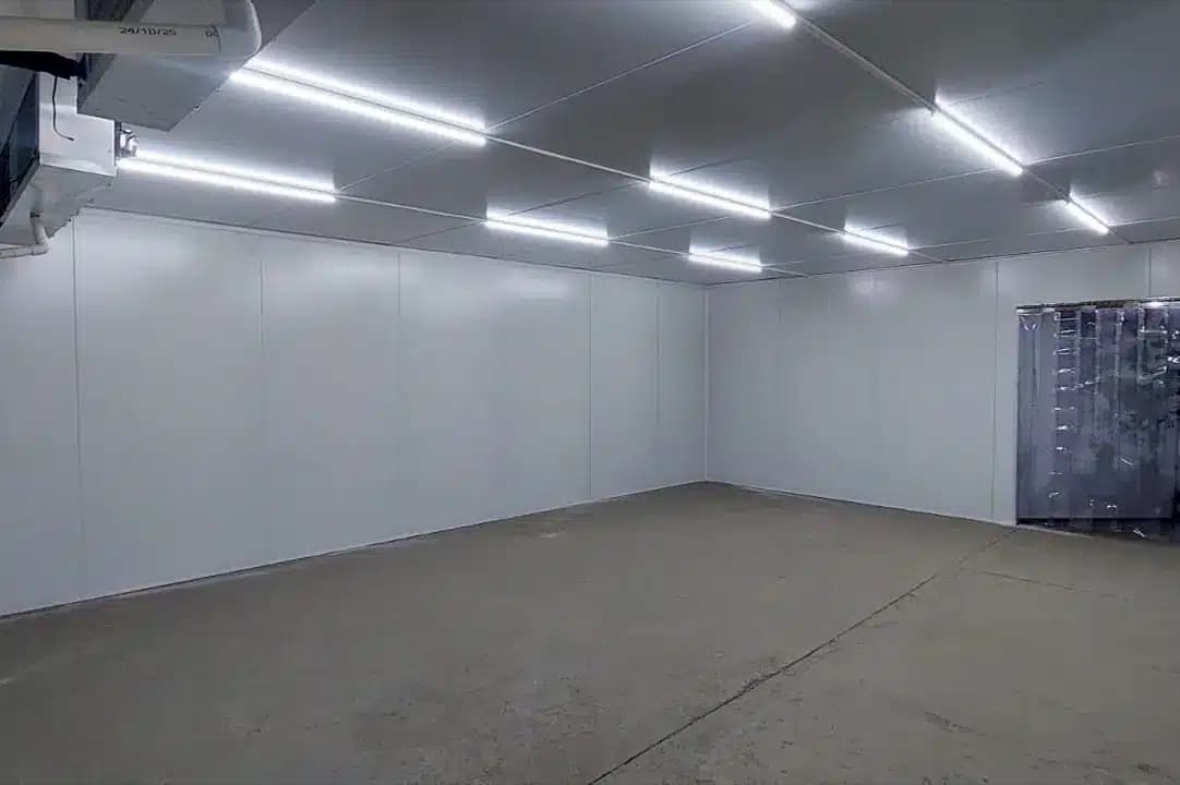 Interior sanitario de cámara frigorífica con panelería lavable y estanterías de acero inoxidable