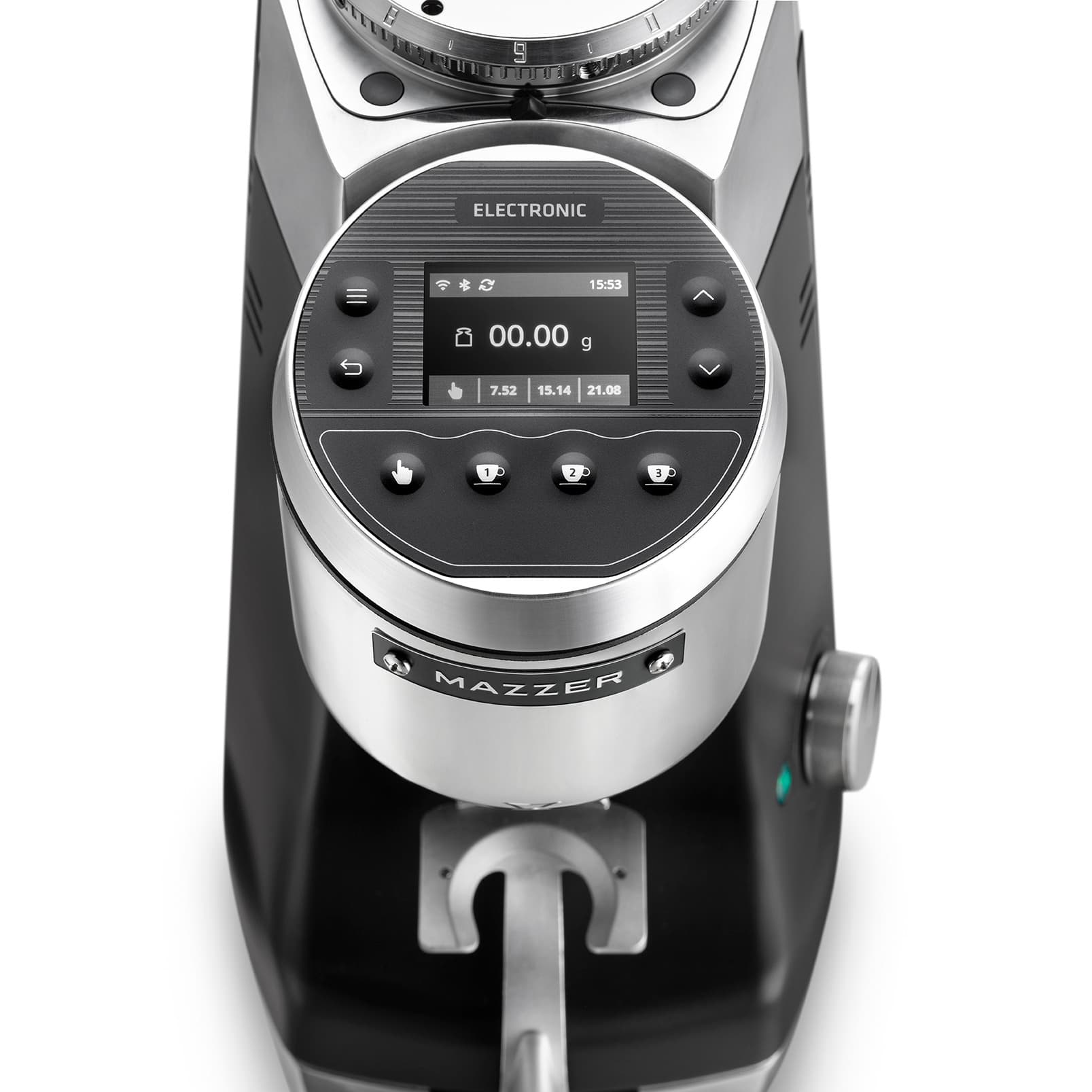 Molino Mazzer Kony SG, detalle del display de la balanza con las tres dosis programables