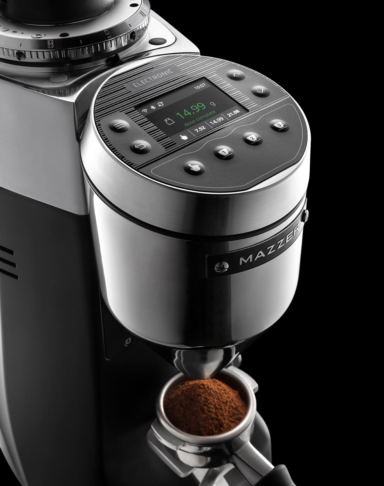Molino Mazzer Kony SG, dosis de 14,99 g pesada en el portafiltro