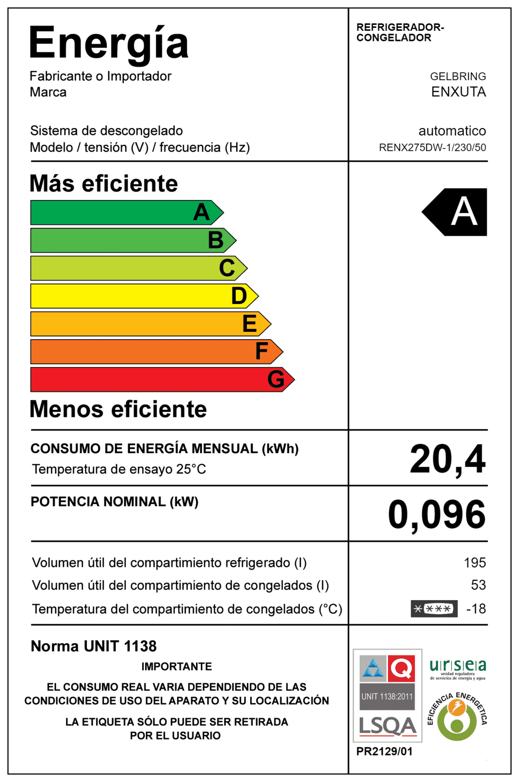 Refrigerador no frost Enxuta RENX275DW-1 248 L con dispensador
