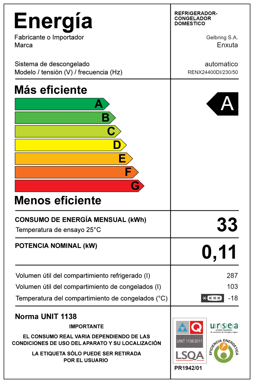 Refrigerador no frost Enxuta RENX24400DI 390 L con dispensador inox
