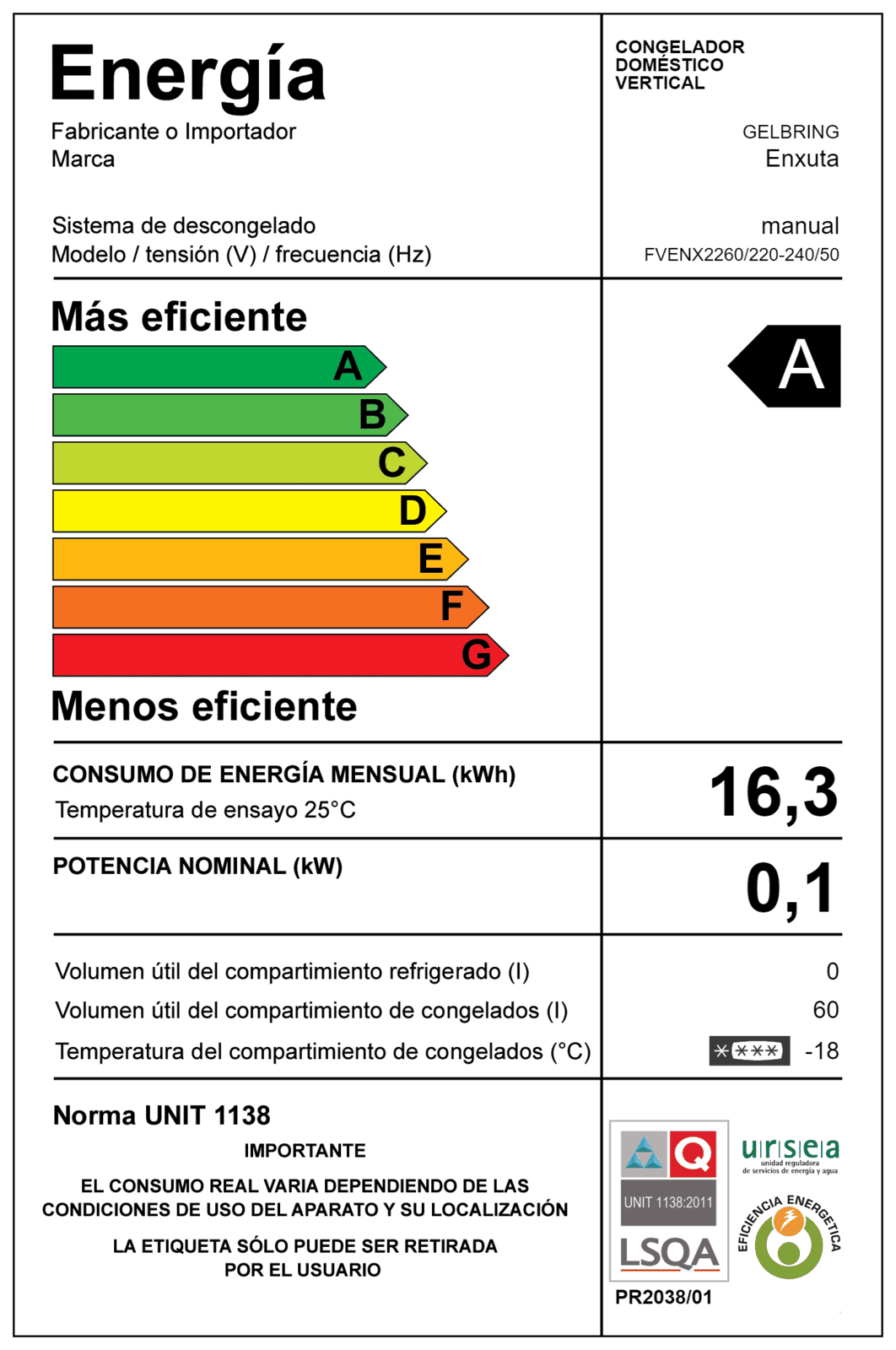 Freezer vertical Enxuta FVENX2260 60 L puerta reversible