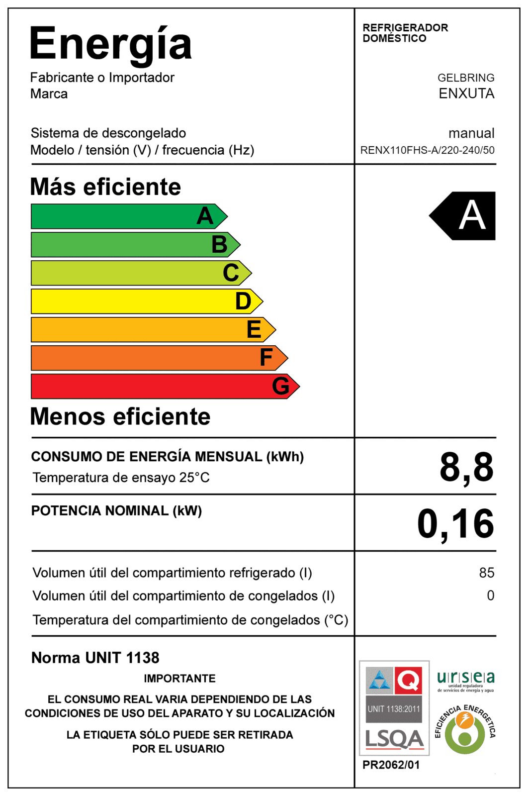 Frigobar Enxuta RENX110FHS-A 85 L congelador independiente