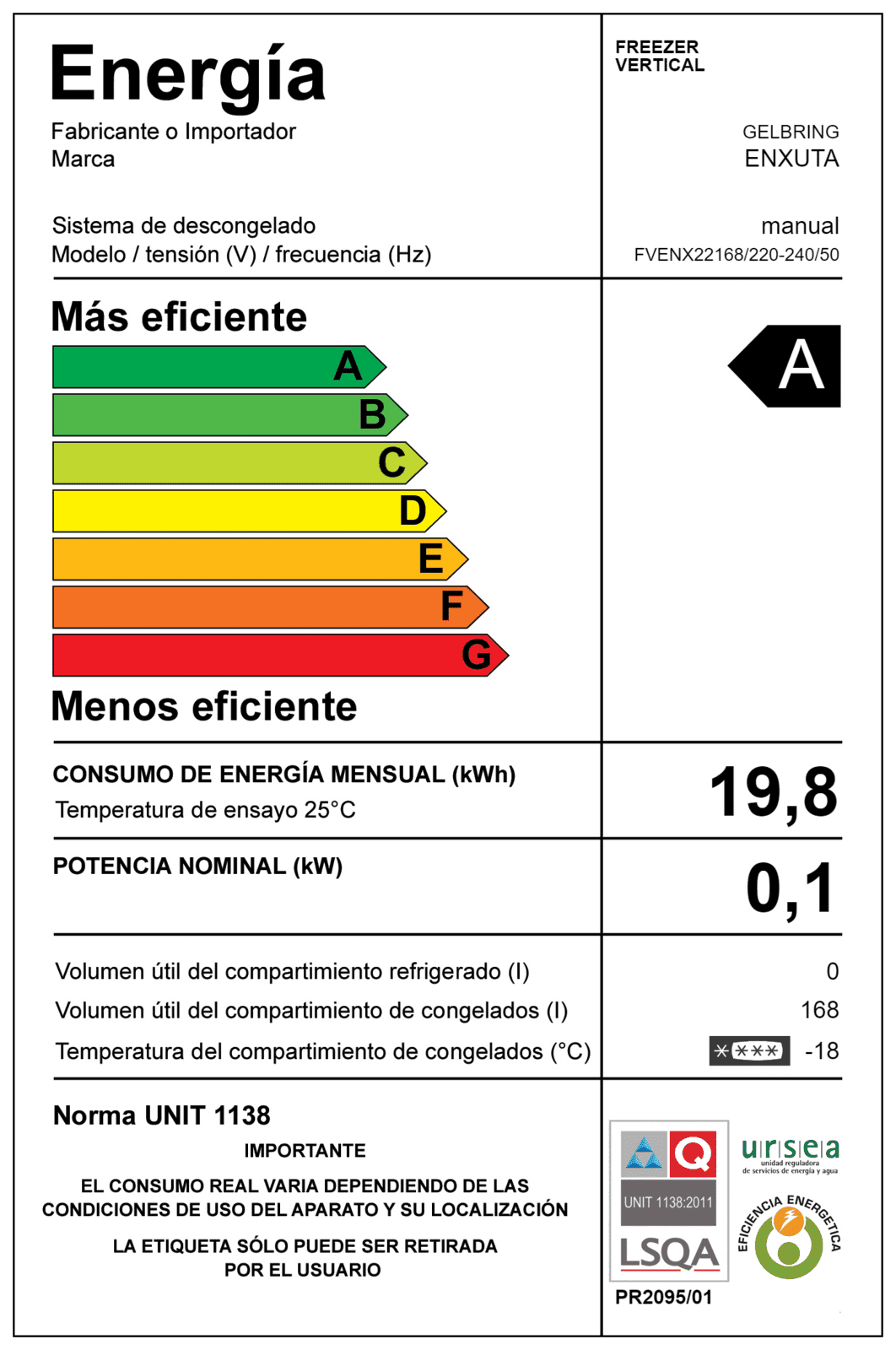 Freezer vertical Enxuta FVENX22168 168 L frío húmedo control manual R600a