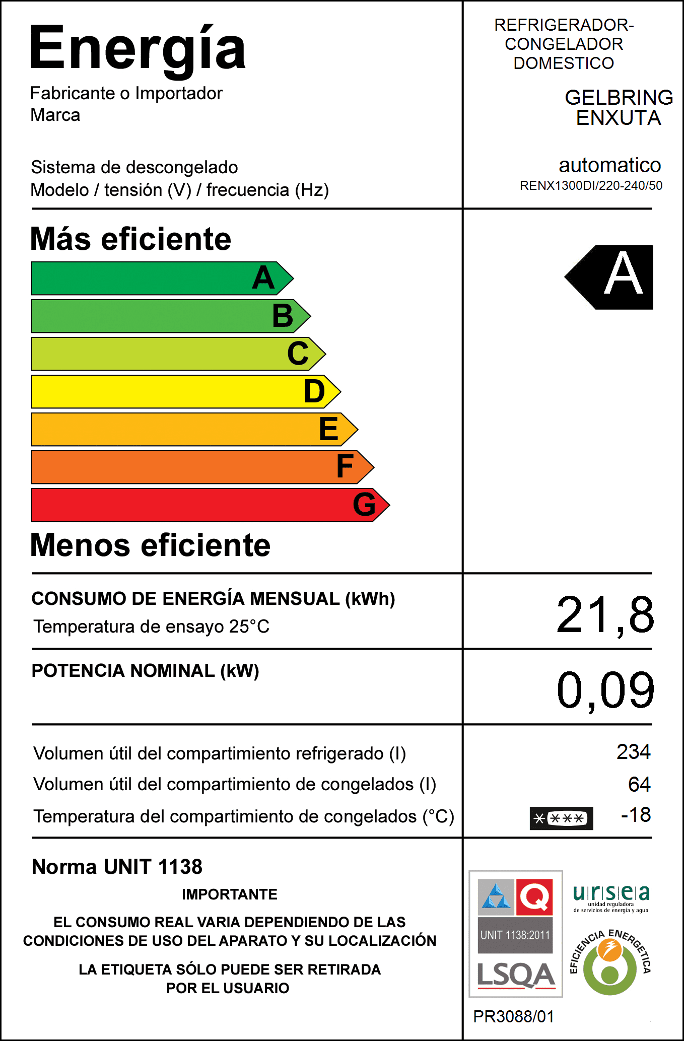 Refrigerador 298 L Enxuta RENX1300DI inverter con dispensador inox