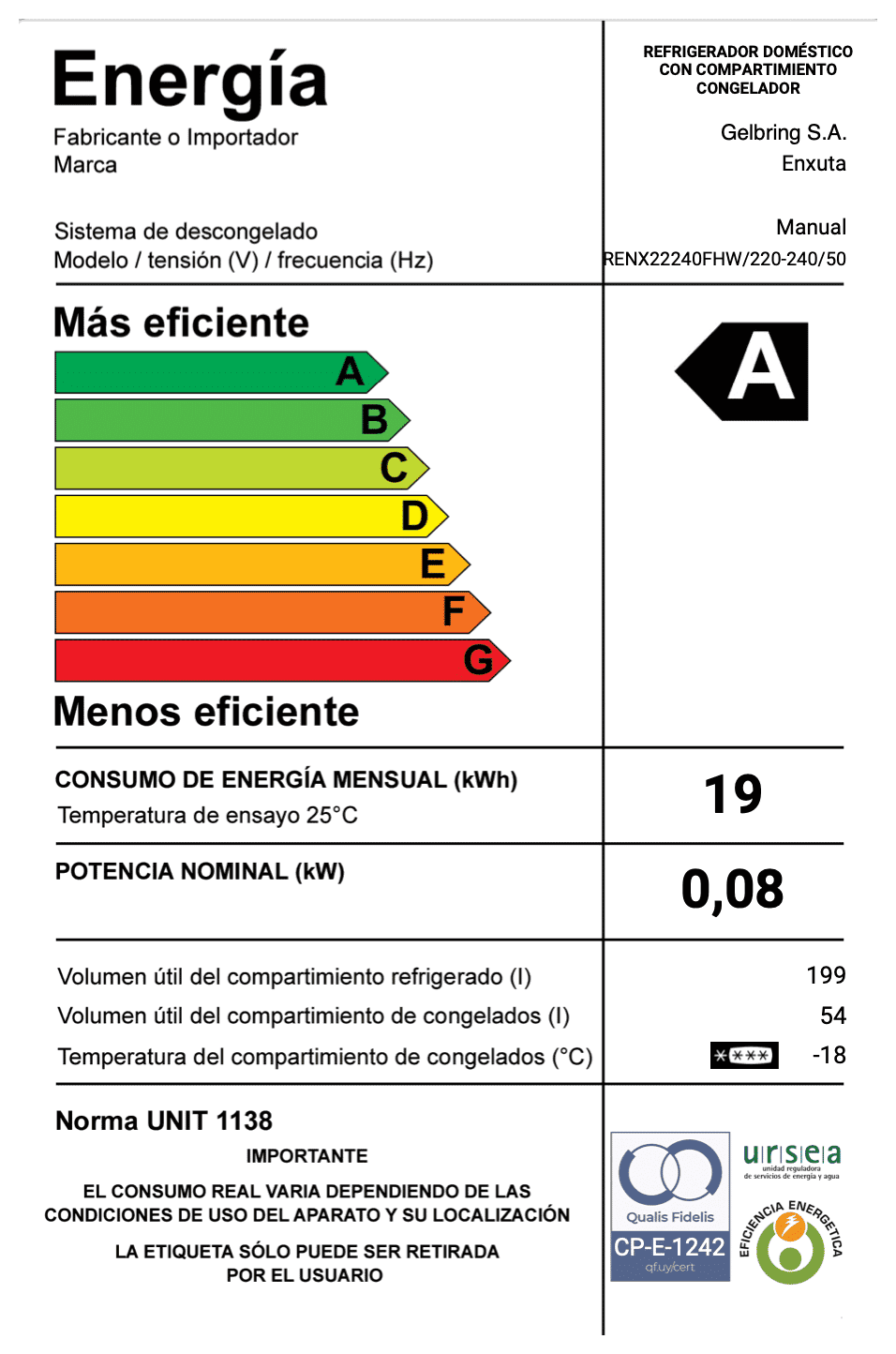 Refrigerador frío húmedo Enxuta RENX22240FHW 248 L eficiencia A