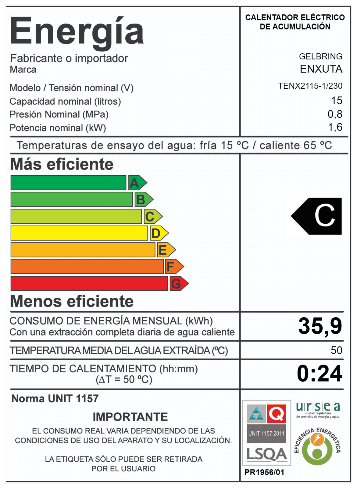 Termotanque de acero 15 litros cilíndrico | Enxuta TENX2115-1