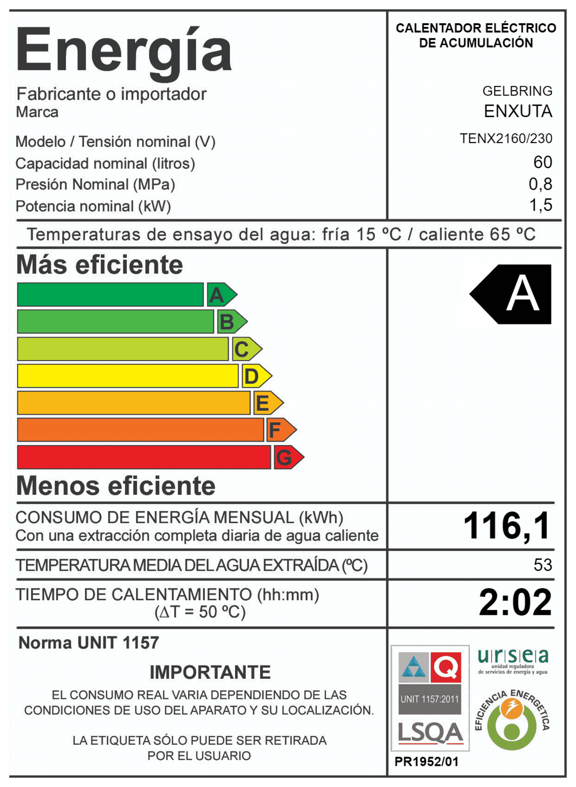 Termotanque 60 L Enxuta TENX2160 tanque acero esmaltado