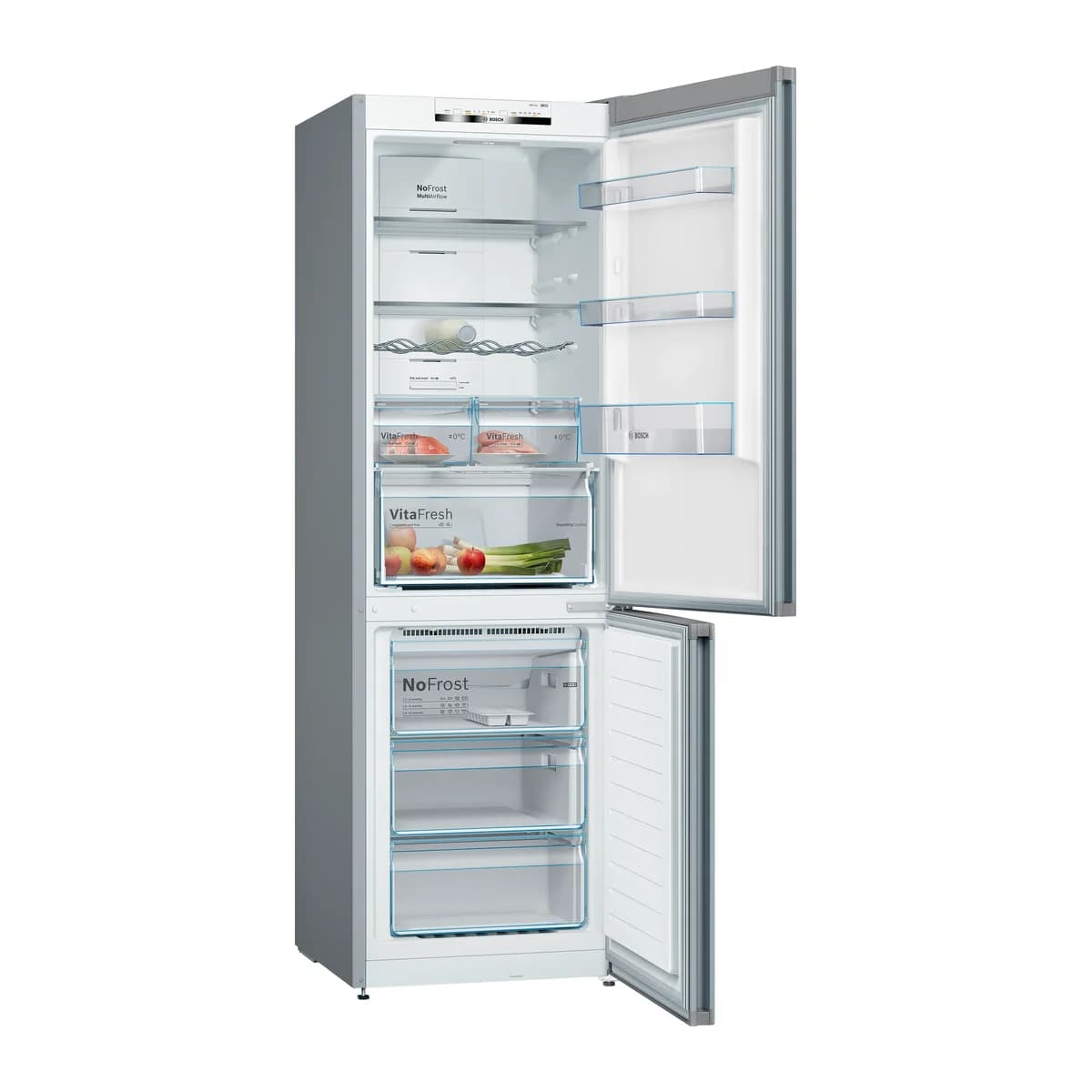 Heladera 326 L con freezer inferior Bosch KGN36VIEA, puertas abiertas