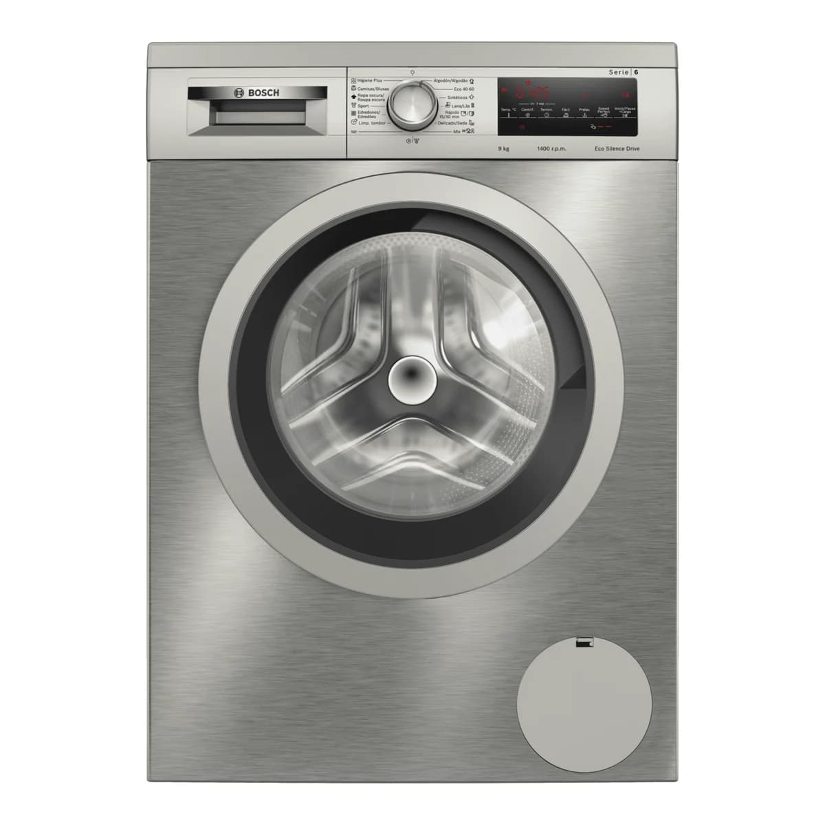 Lavarropas 9 kg Inverter acero inox Bosch WUU28T6KES, vista frontal