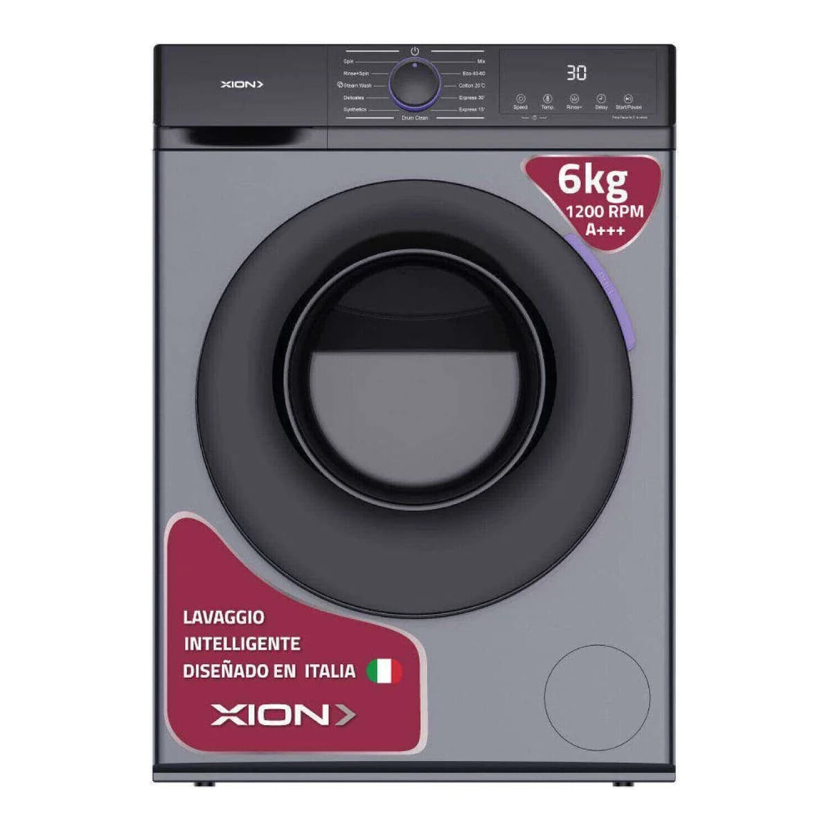 Lavarropas carga frontal 6 kg color gris motor BLDC Inverter XION XI-LAV66X, vista frontal