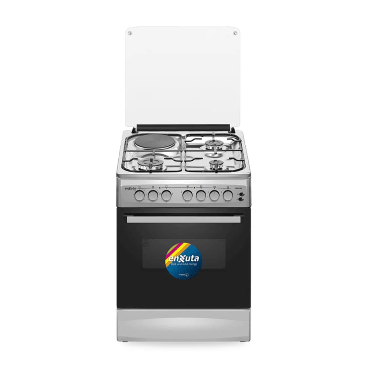 Cocina Combinada 3 Hornallas y 1 Disco Eléctrico Inox 60×60 con Convección Enxuta CENX5646I, vista frontal