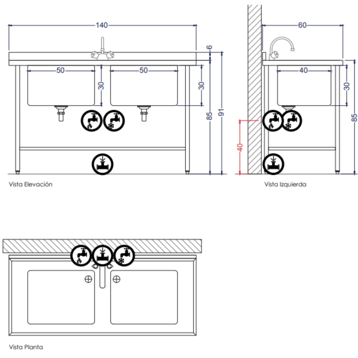 Mesada de lavado 2 piletas 140 x 60 cm | Ventus VENELP-140