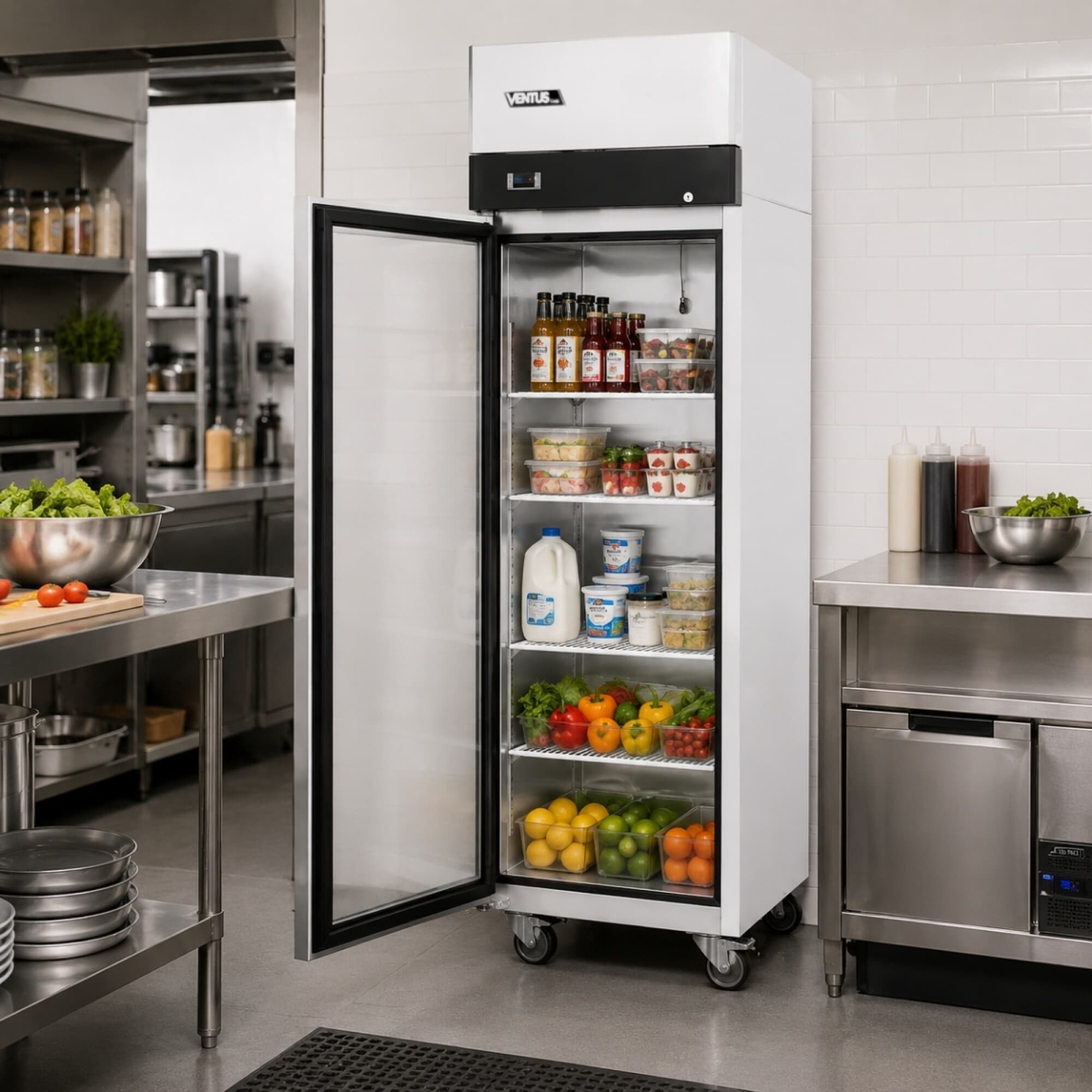 Freezer vertical Ventus VFREEZ-600BEN de acero inoxidable de una puerta