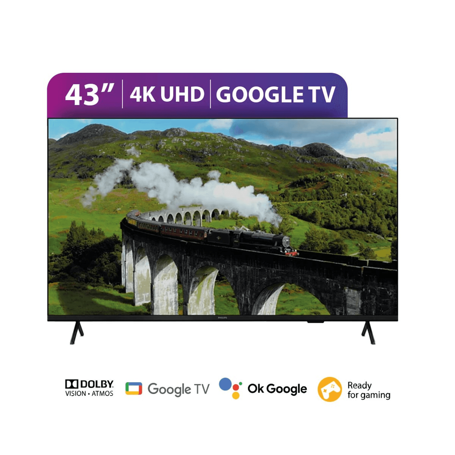Smart TV Philips 43PUD740877 de 43 pulgadas 4K con imagen de un tren