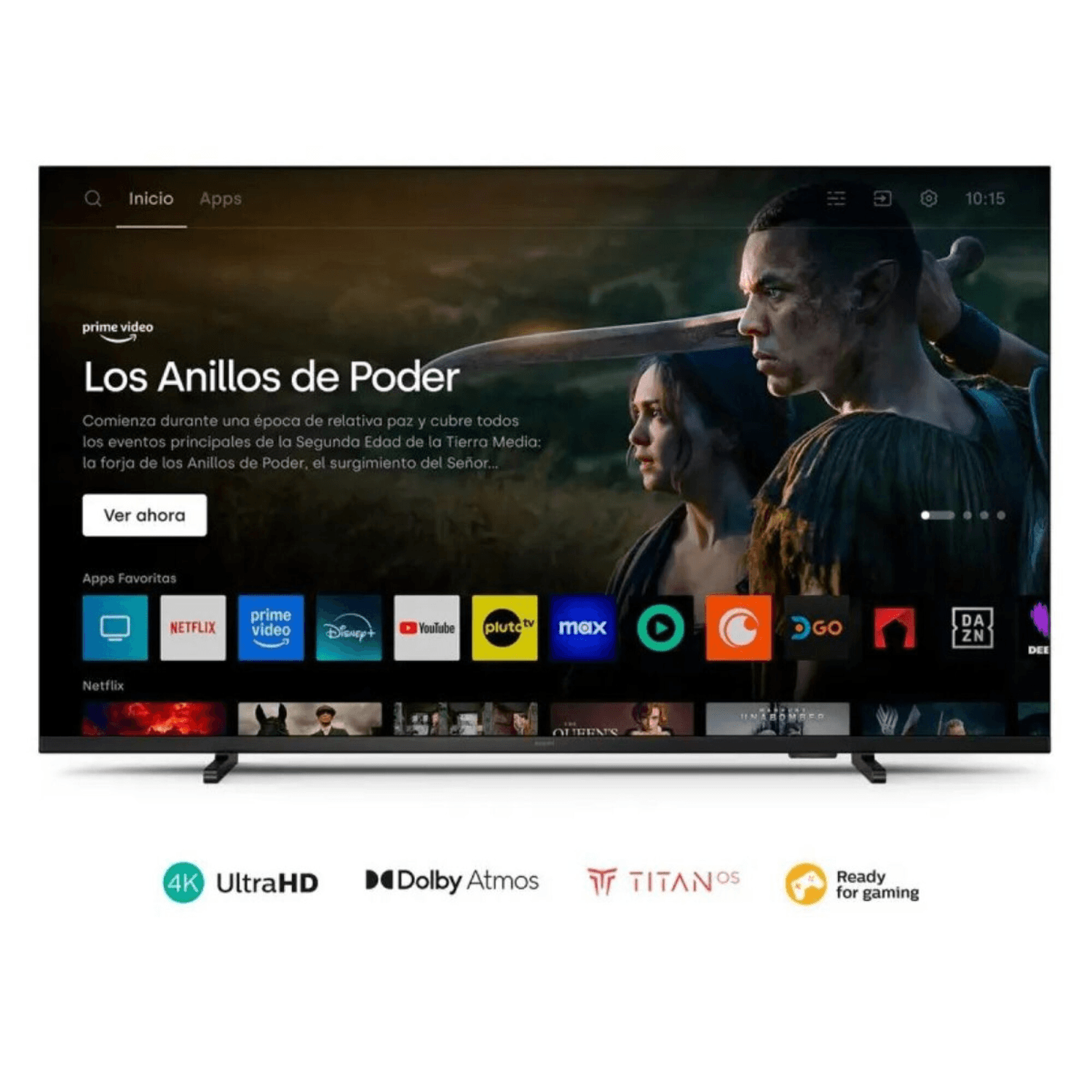 Philips 50PUD730977 de frente con la pantalla de inicio de TITAN OS