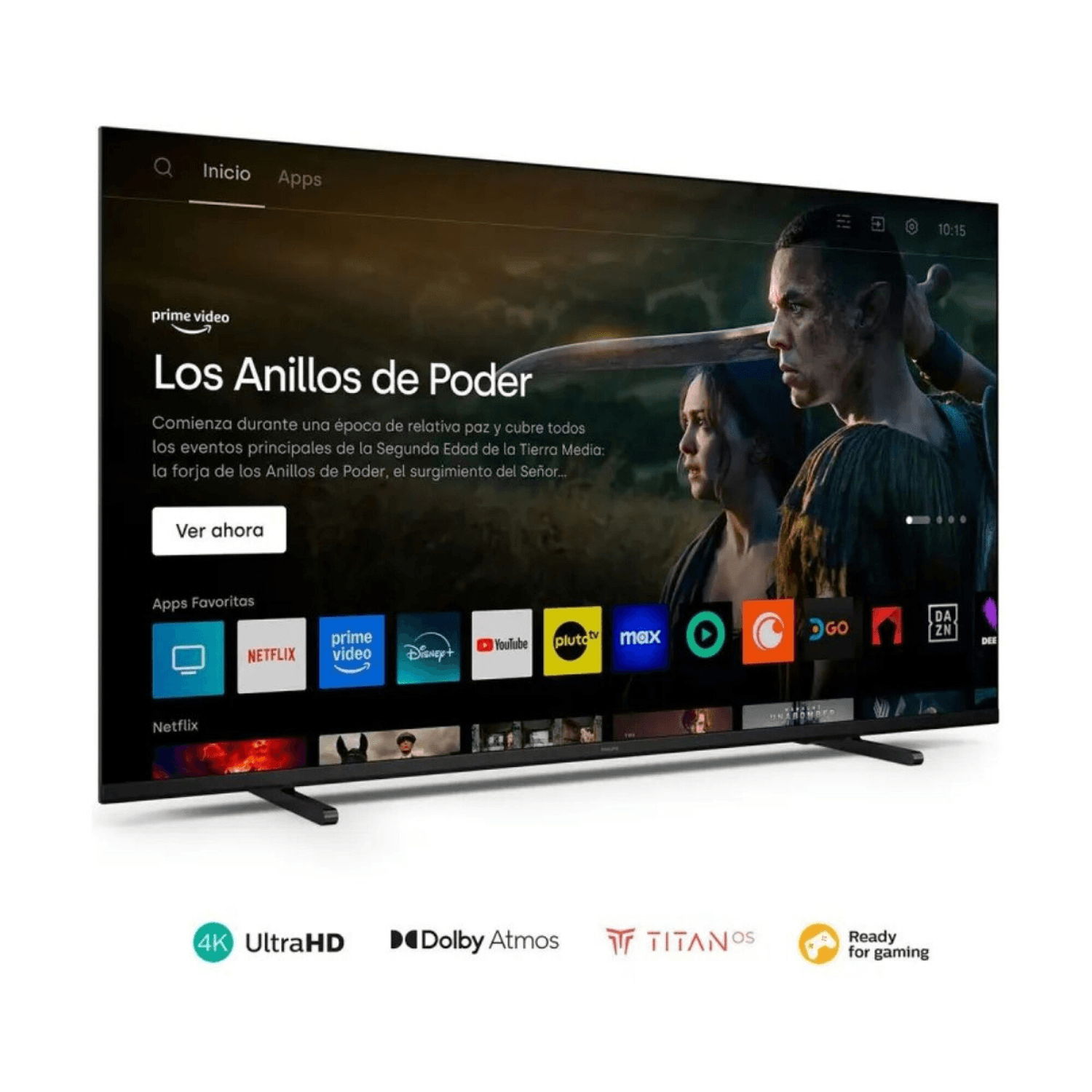 Philips 55PUD730977 en perspectiva con la pantalla de inicio de TITAN OS