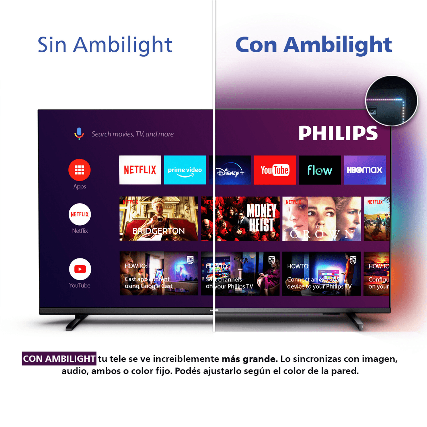 Pantalla del Philips 55PUD790877 comparada con y sin Ambilight