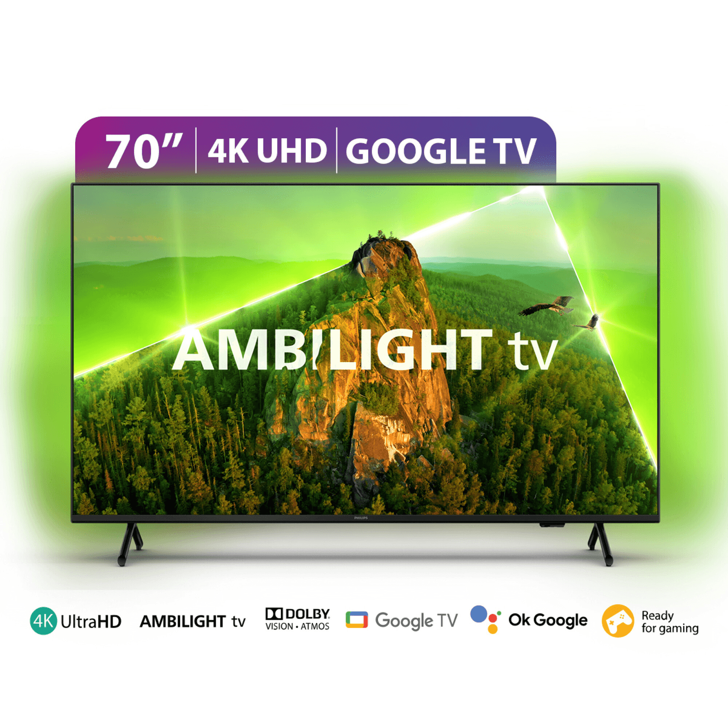 Smart TV Philips 70PUD790877 de 70 pulgadas con Ambilight encendido