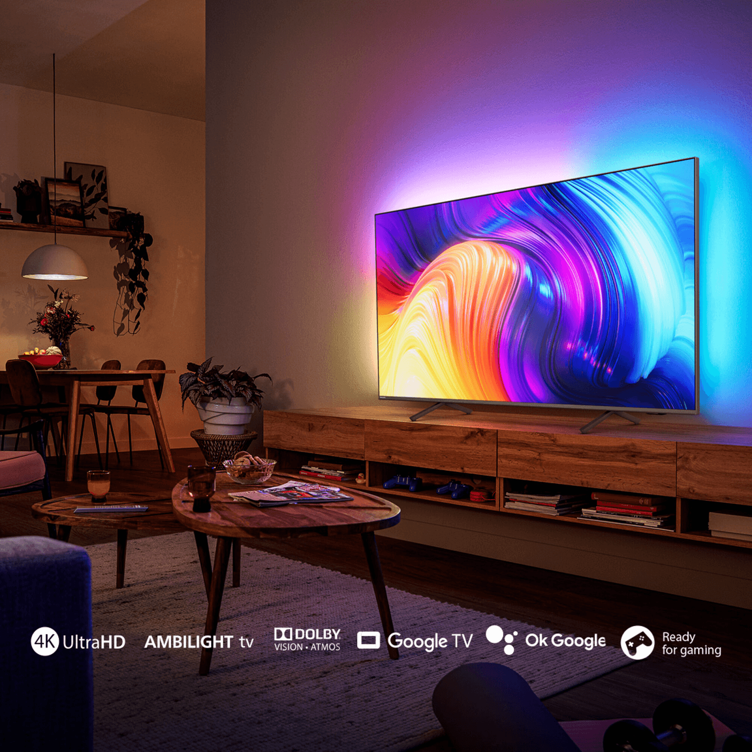 Philips 70PUD790877 con Ambilight en un living