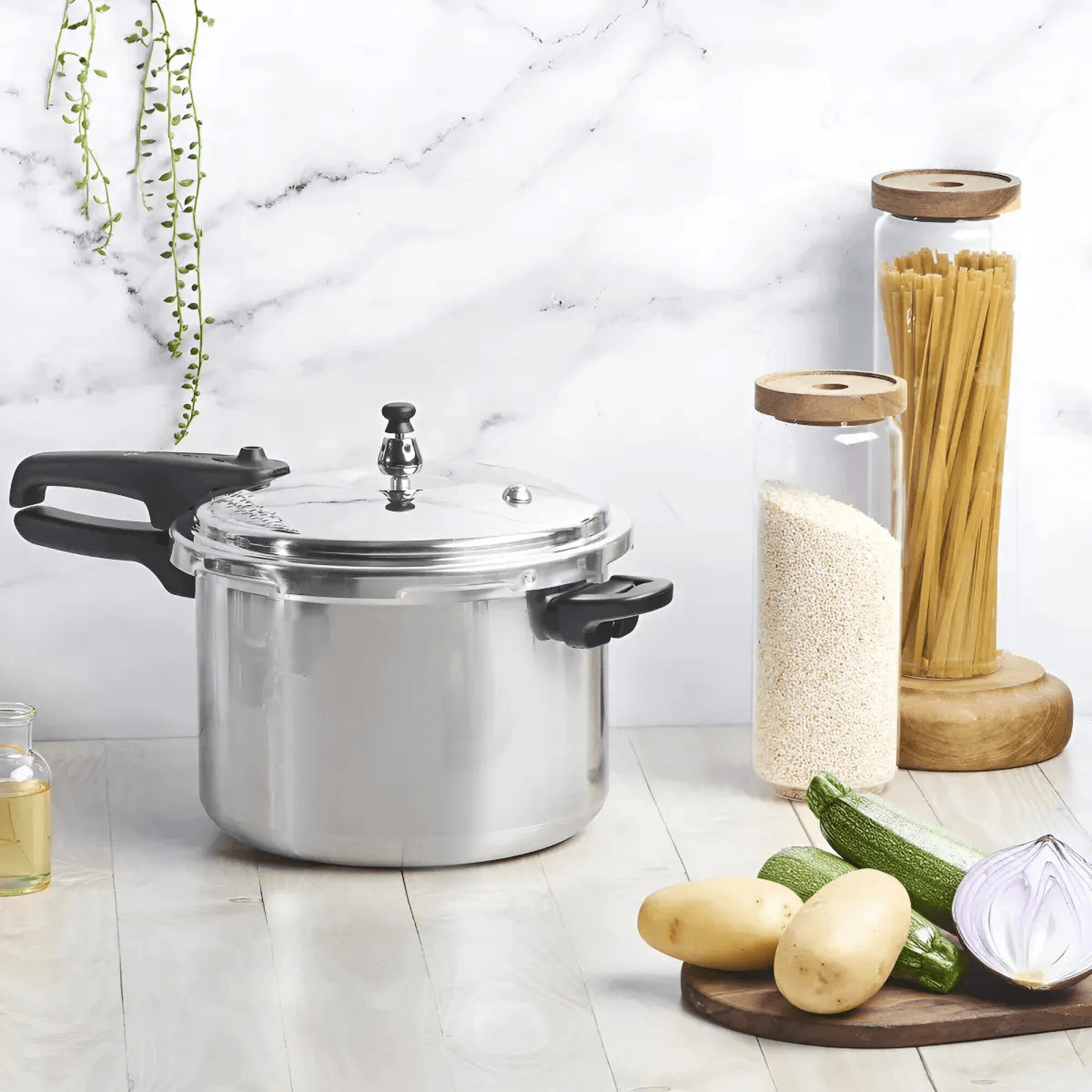 Olla a presión Tefal 92180PC en una mesada con ingredientes