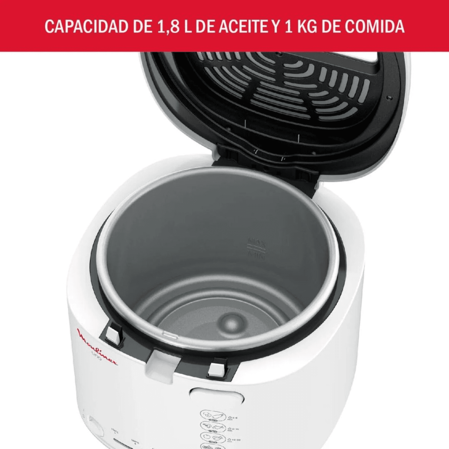 Interior de la freidora Moulinex Uno M AF203158 con la tapa abierta