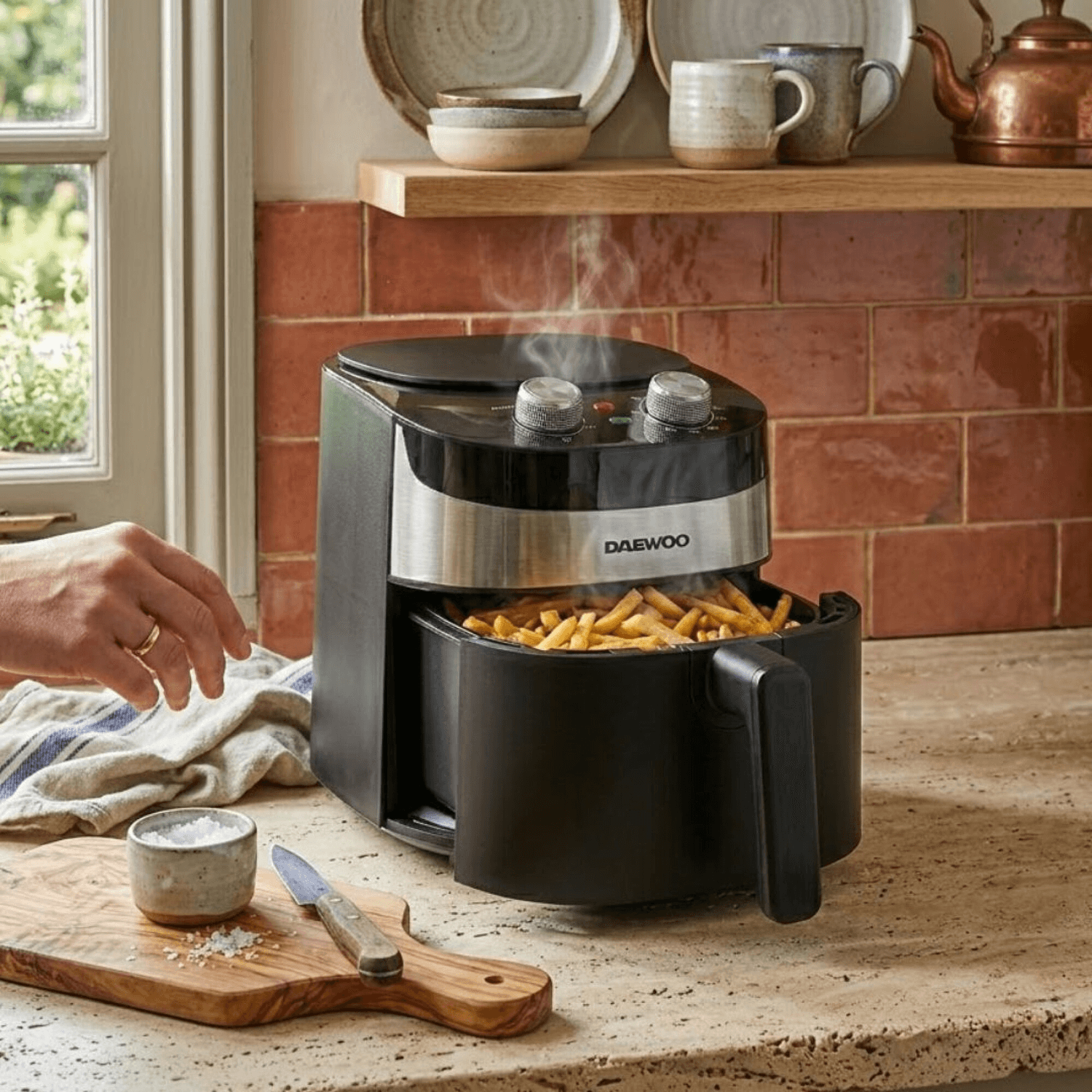 Freidora de aire Daewoo AF7145B en una cocina con papas fritas