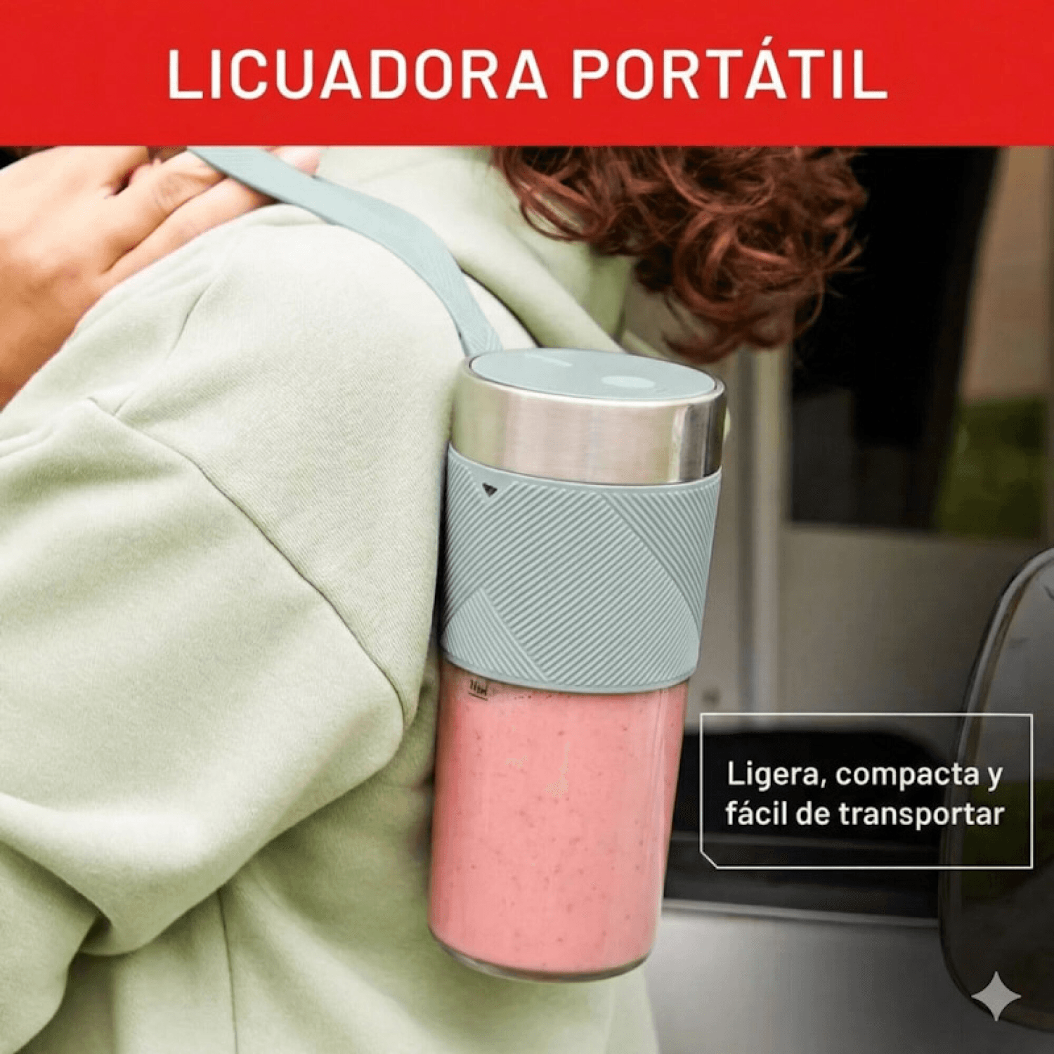 Licuadora portátil Arno Lightmix BL1C04B1 colgada de una correa