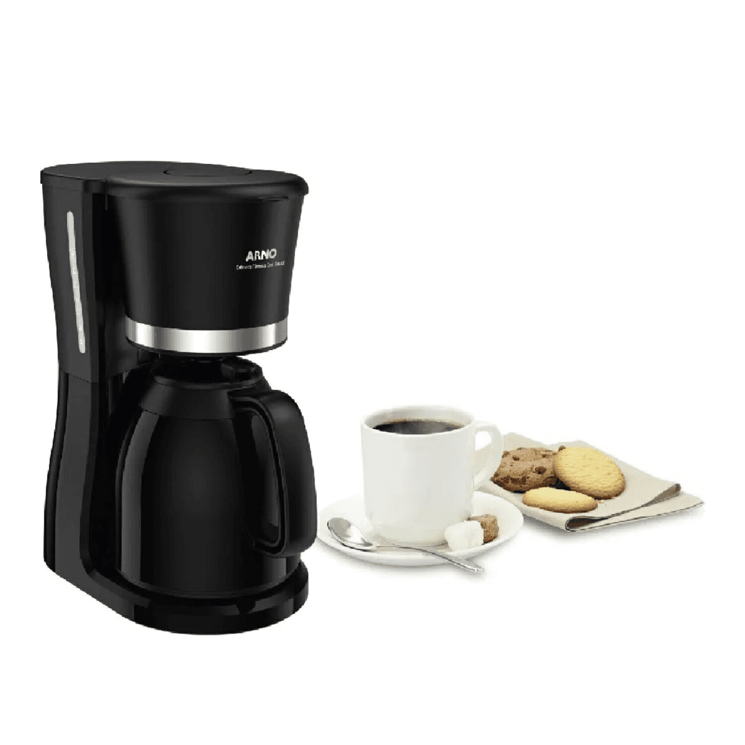 Cafetera de filtro Arno CM1328B2 con taza de café sobre fondo blanco