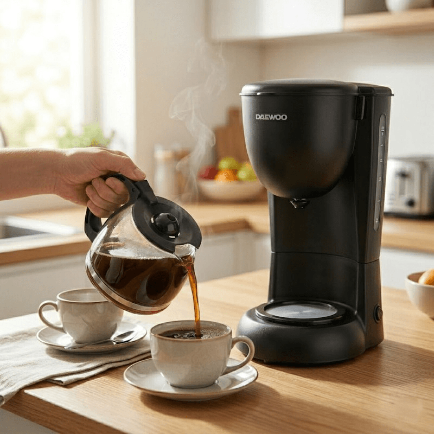 Cafetera Daewoo CM6316B en una cocina sirviendo café