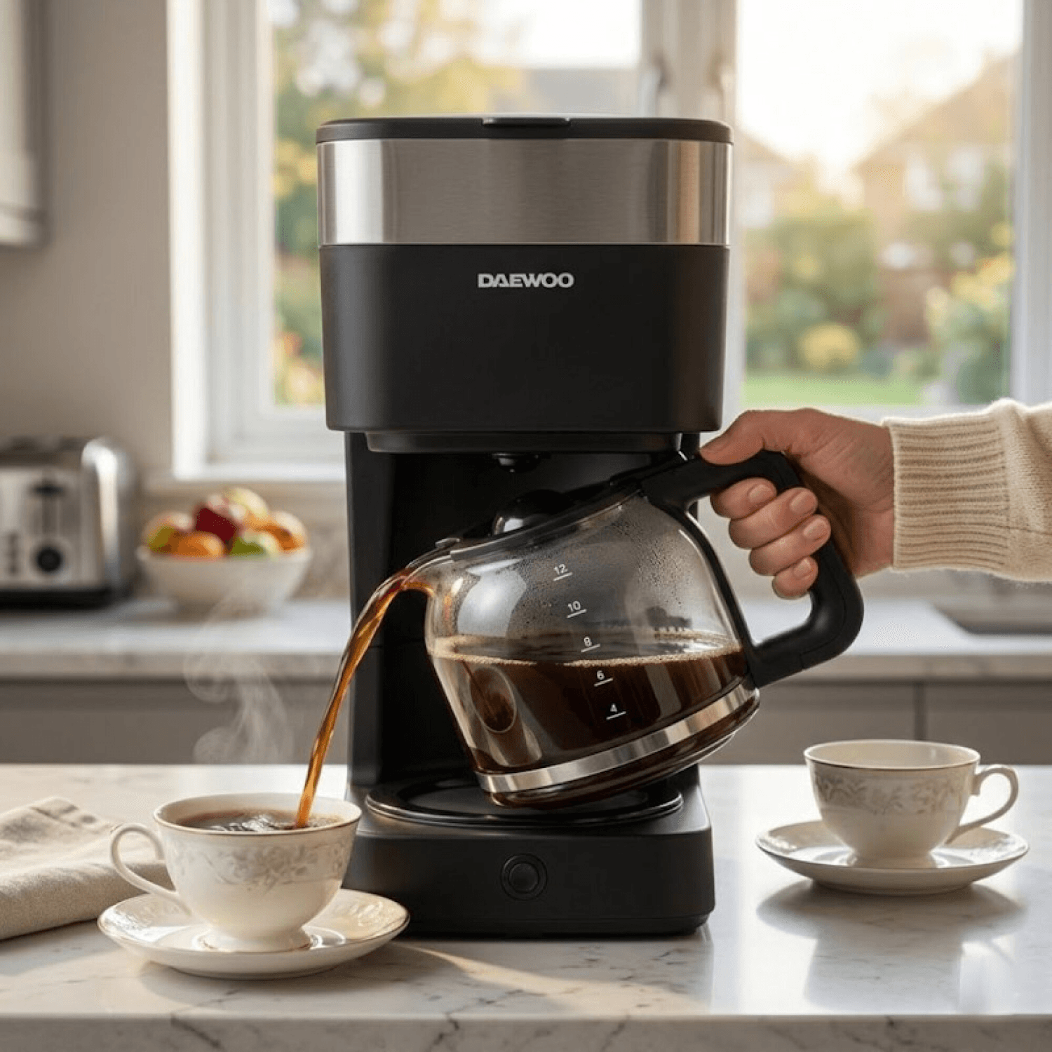 Cafetera Daewoo CM6516B sirviendo café en una cocina