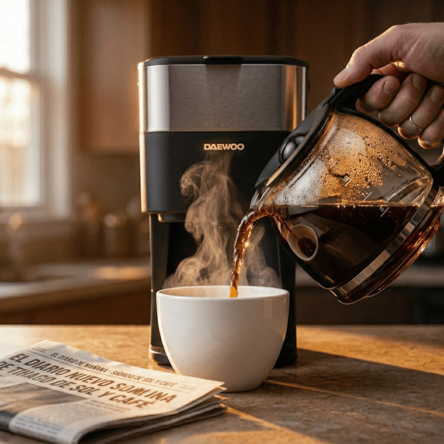 Jarra de la cafetera Daewoo CM6516B con café humeante