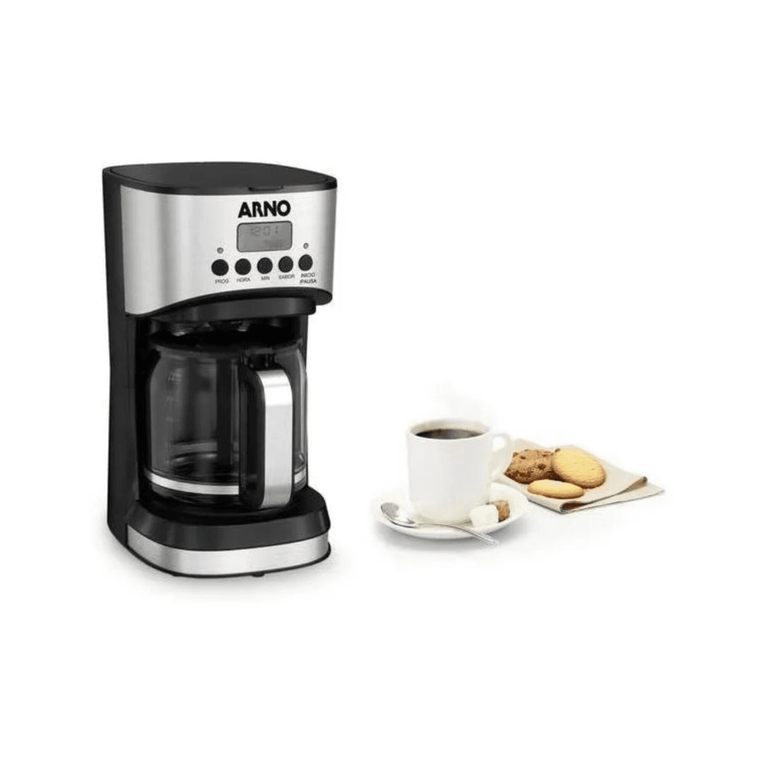 Cafetera Arno New Element CM771DB2 con taza de café y galletas