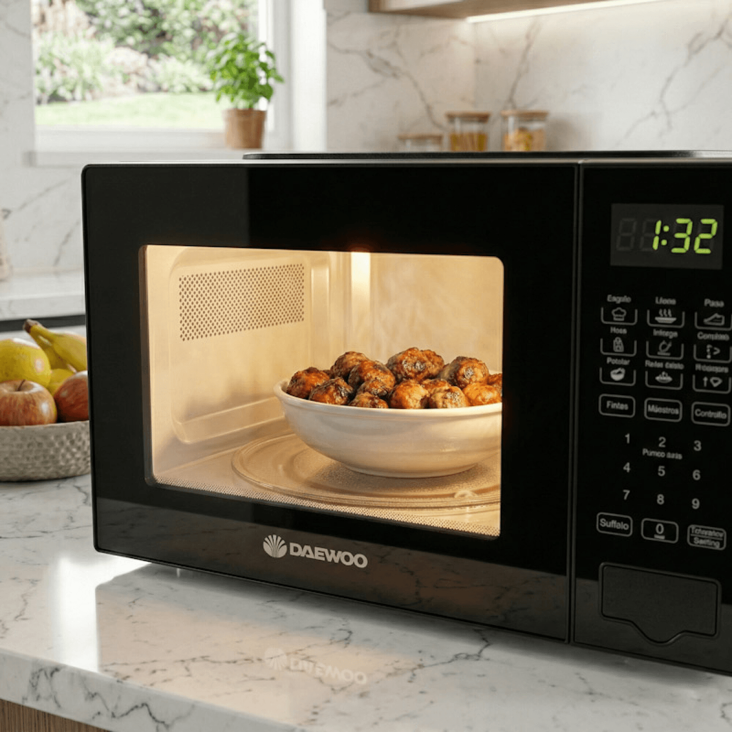 Microondas Daewoo DAMWO20DB con plato de comida en el interior