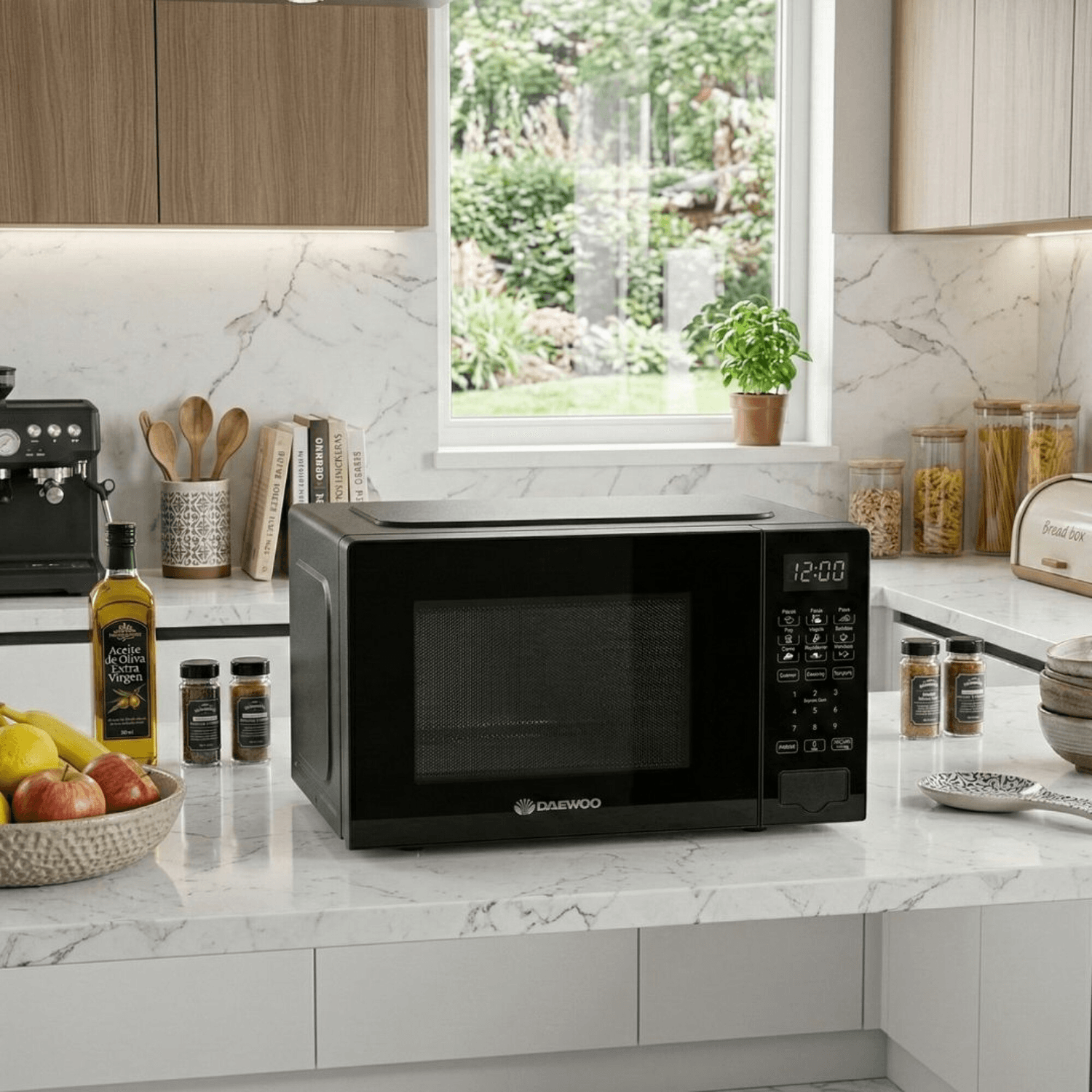 Microondas Daewoo DAMWO20DB sobre una mesada de cocina