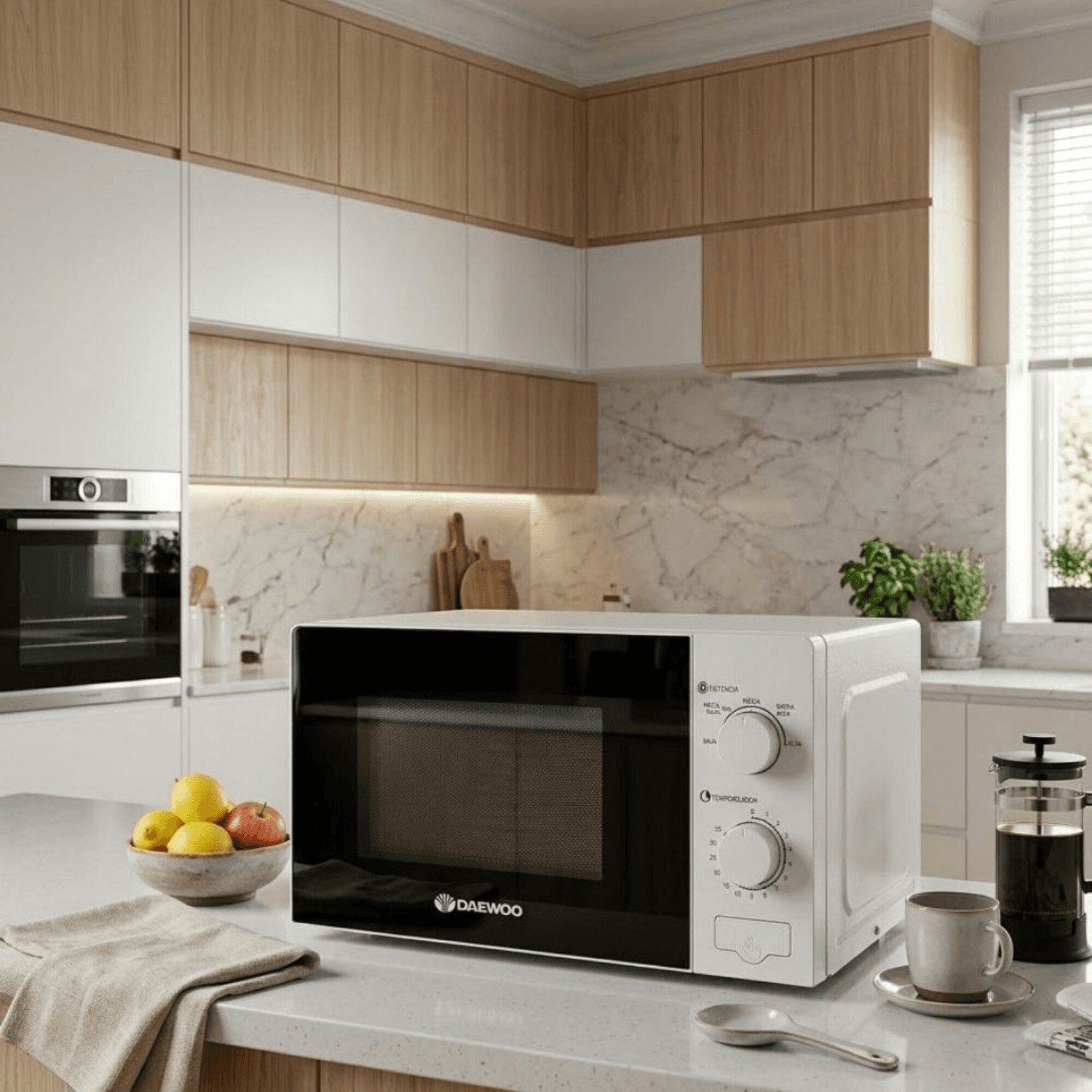 Microondas Daewoo DAMWO20MW blanco sobre una mesada de cocina