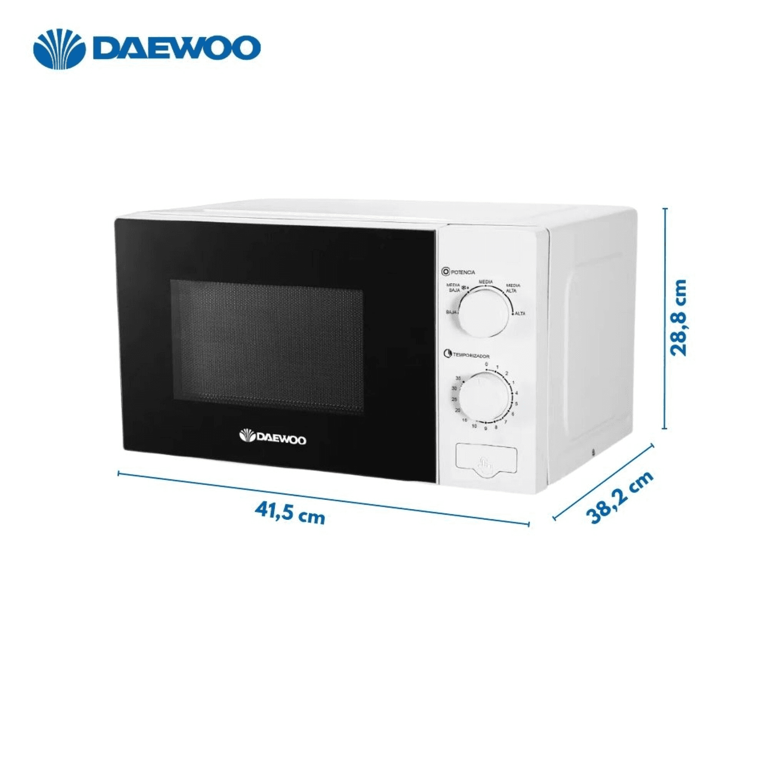 Medidas del microondas Daewoo DAMWO20MW: 41,5 x 38,2 x 28,8 cm
