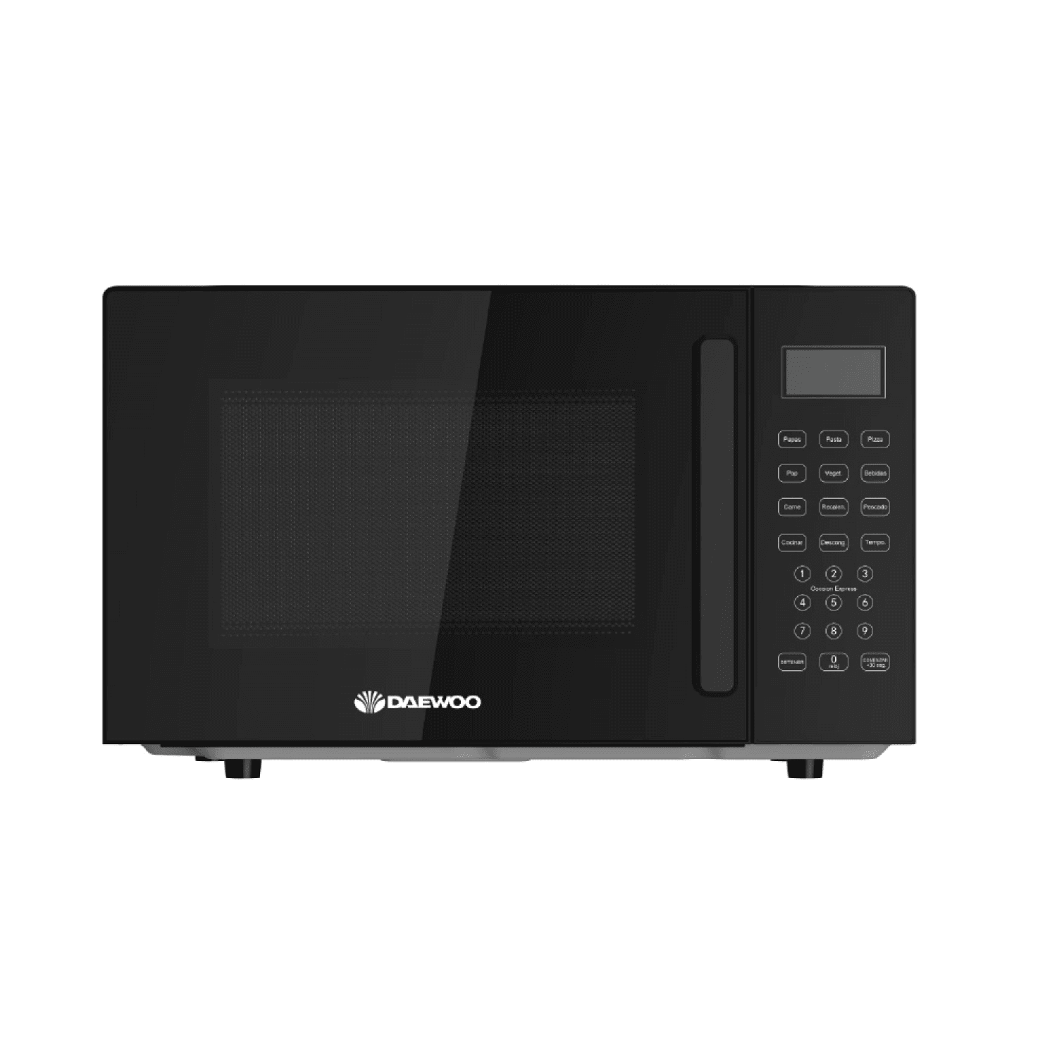 Microondas Daewoo DAMWO25DB de 25 L visto de frente con panel digital y manija