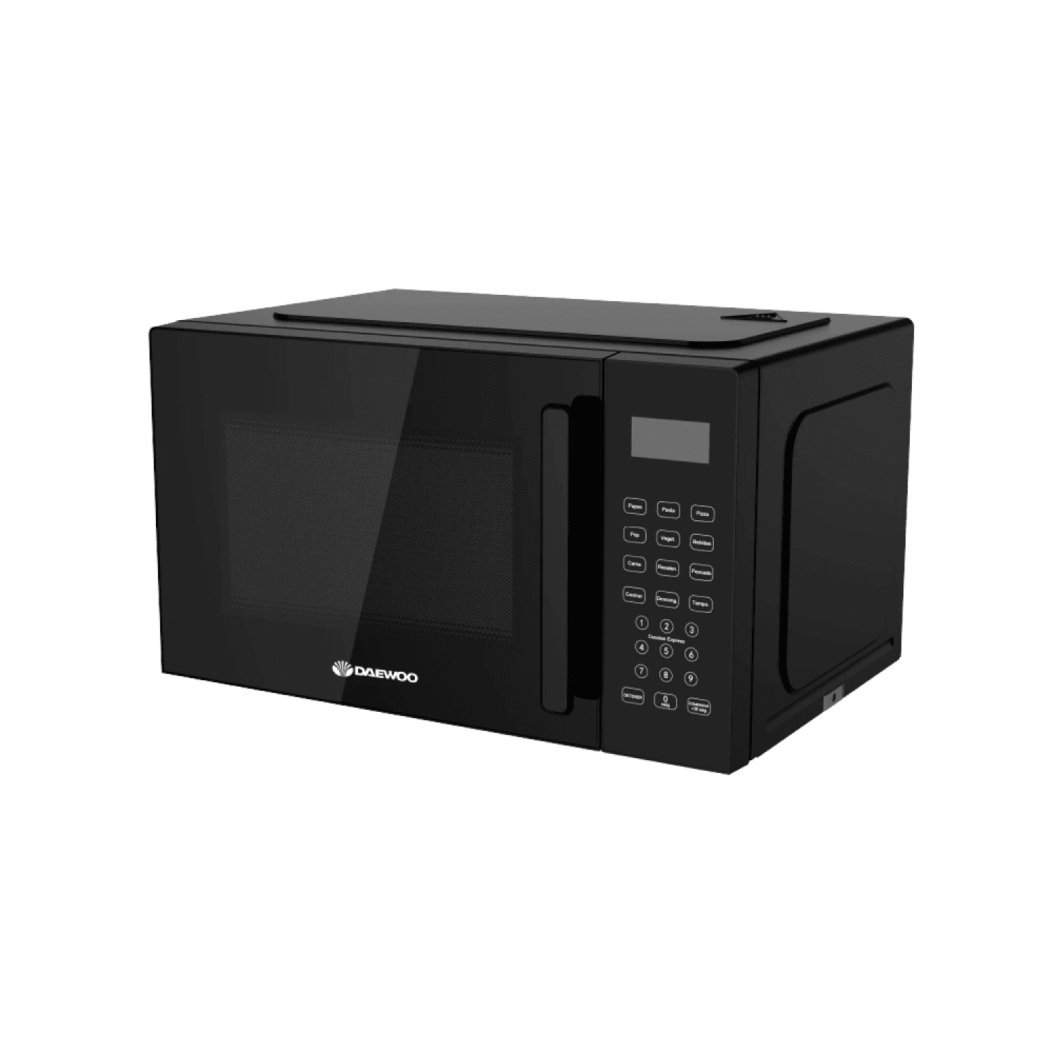Microondas Daewoo DAMWO25DB negro en vista de tres cuartos derecha