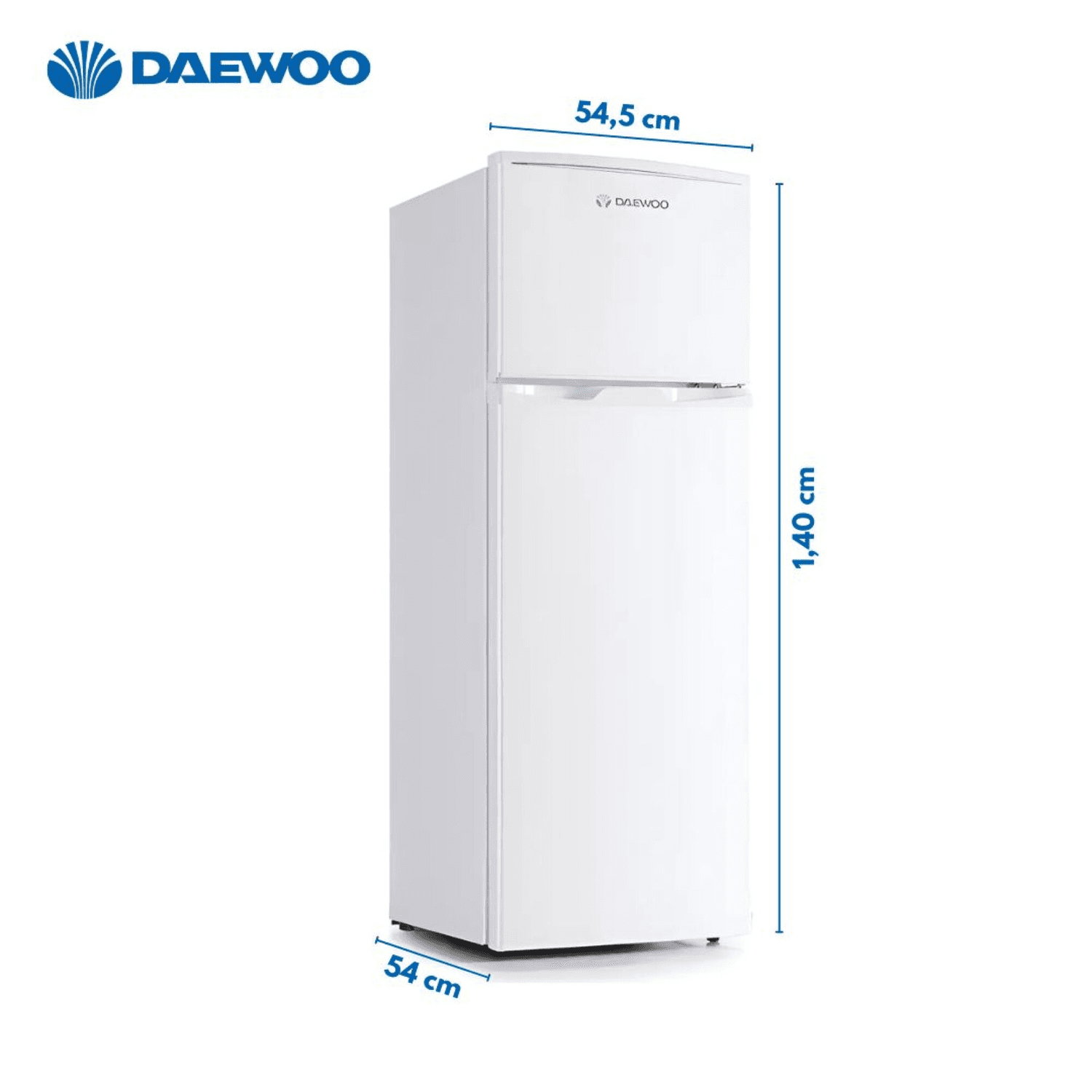 Heladera Daewoo DART225DW con sus medidas: 54,5 cm de ancho, 54 de fondo y 140 de alto
