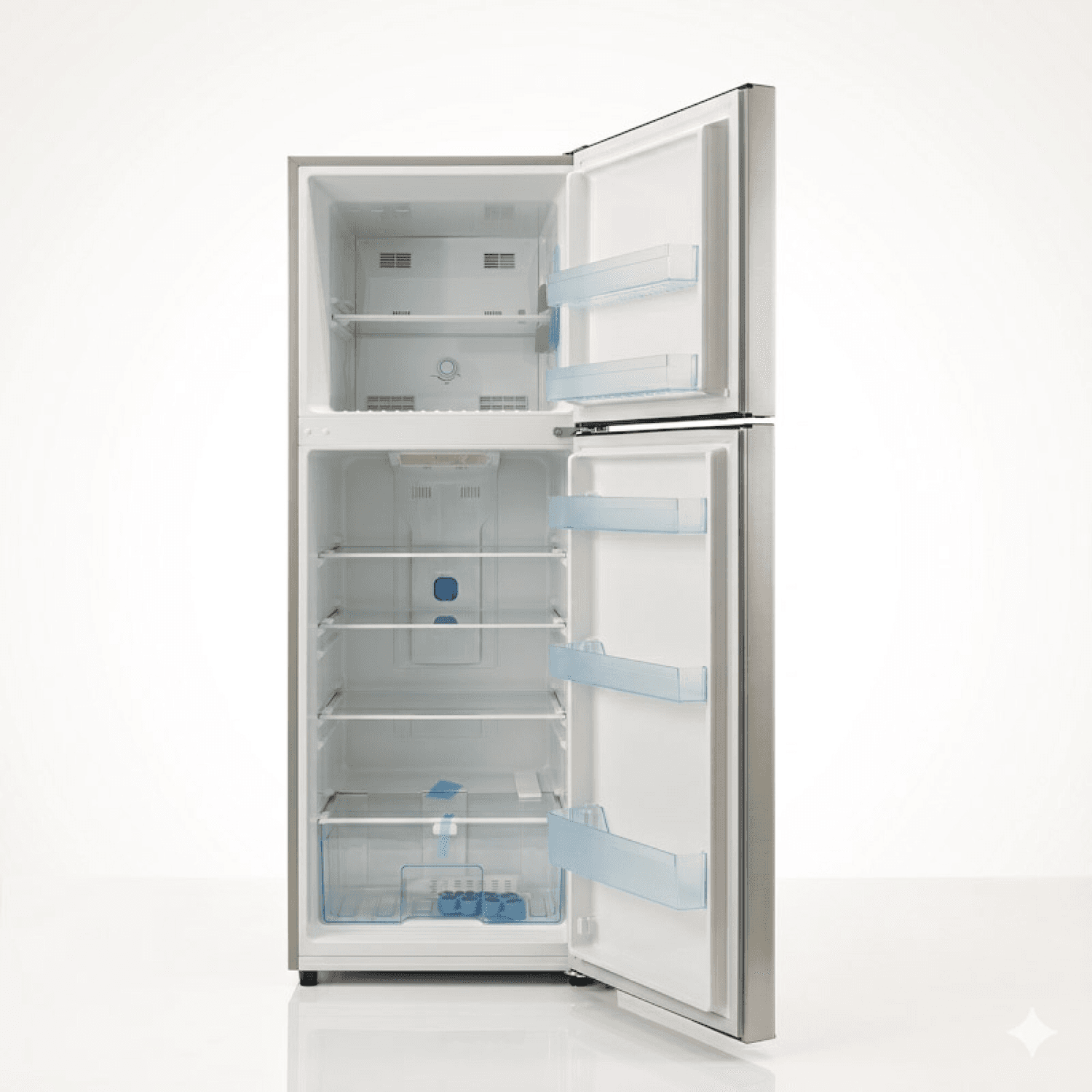 Heladera Daewoo DART270NS con las puertas abiertas, freezer y refrigerador