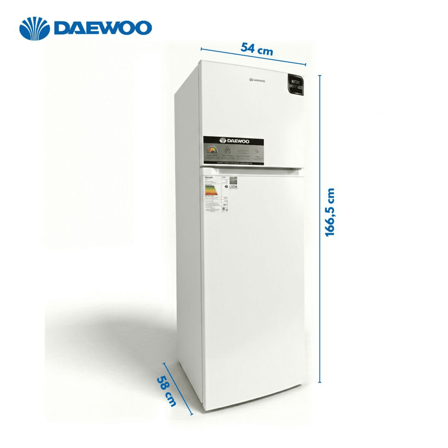 Heladera Daewoo DART270NW con sus medidas: 54 cm de ancho, 58 de fondo y 166,5 de alto