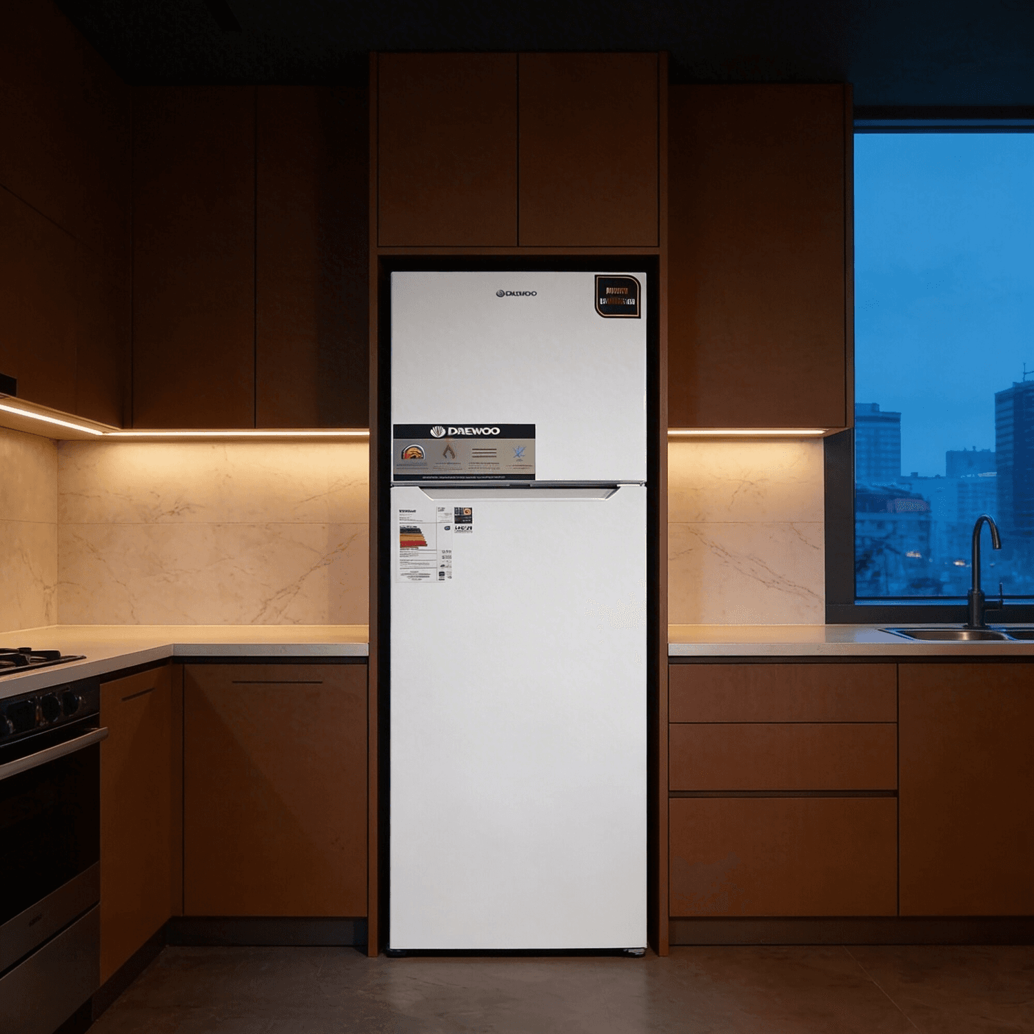Heladera Daewoo DART270NW blanca en una cocina