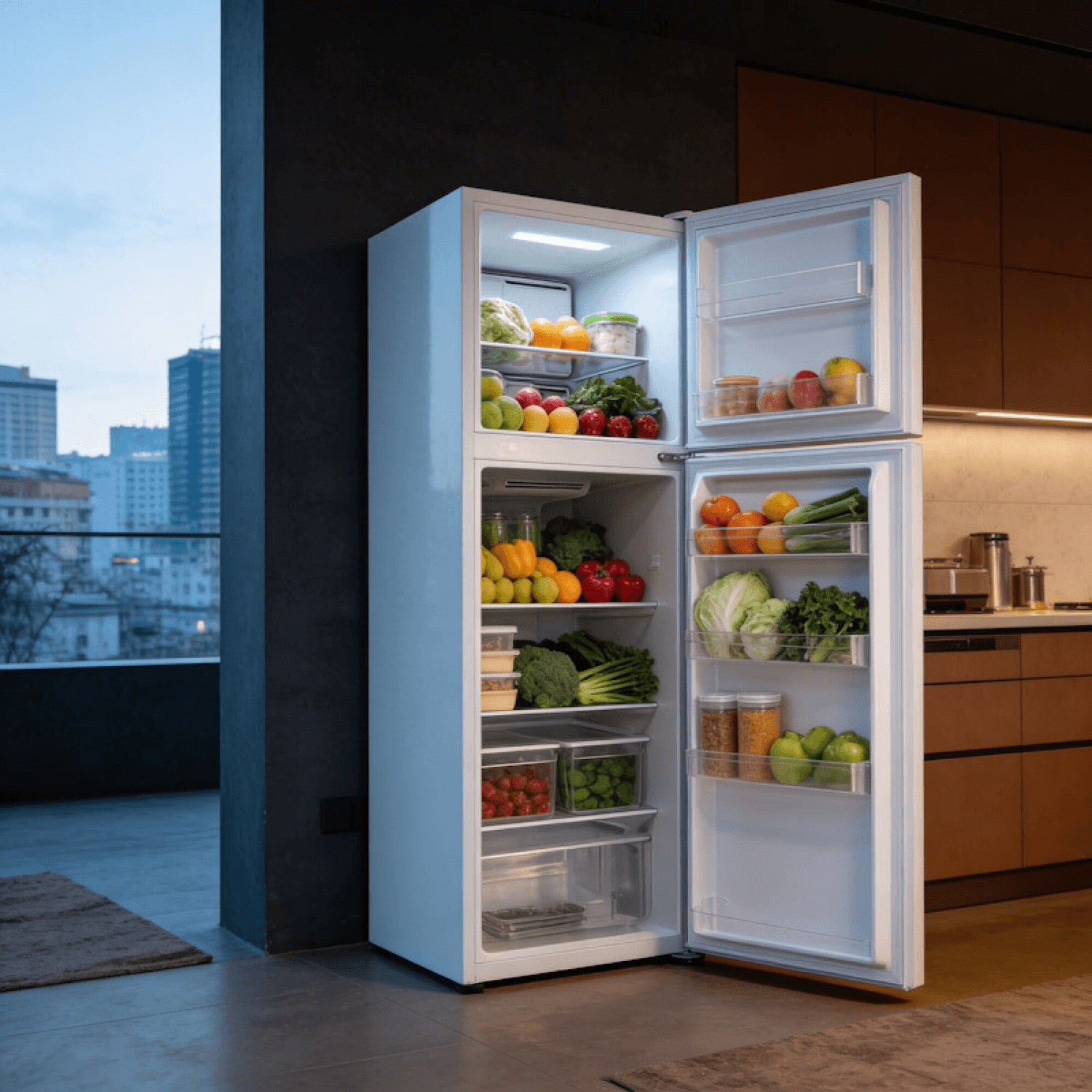 Heladera Daewoo DART270NW abierta con frutas y verduras