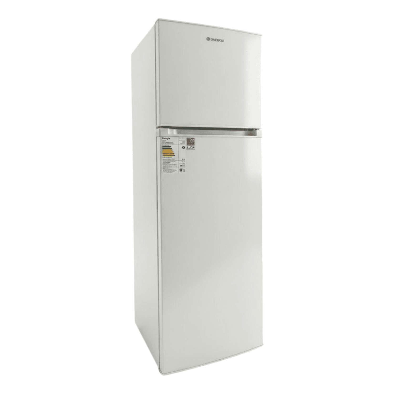Heladera blanca Daewoo DART275DW con freezer superior, vista en tres cuartos
