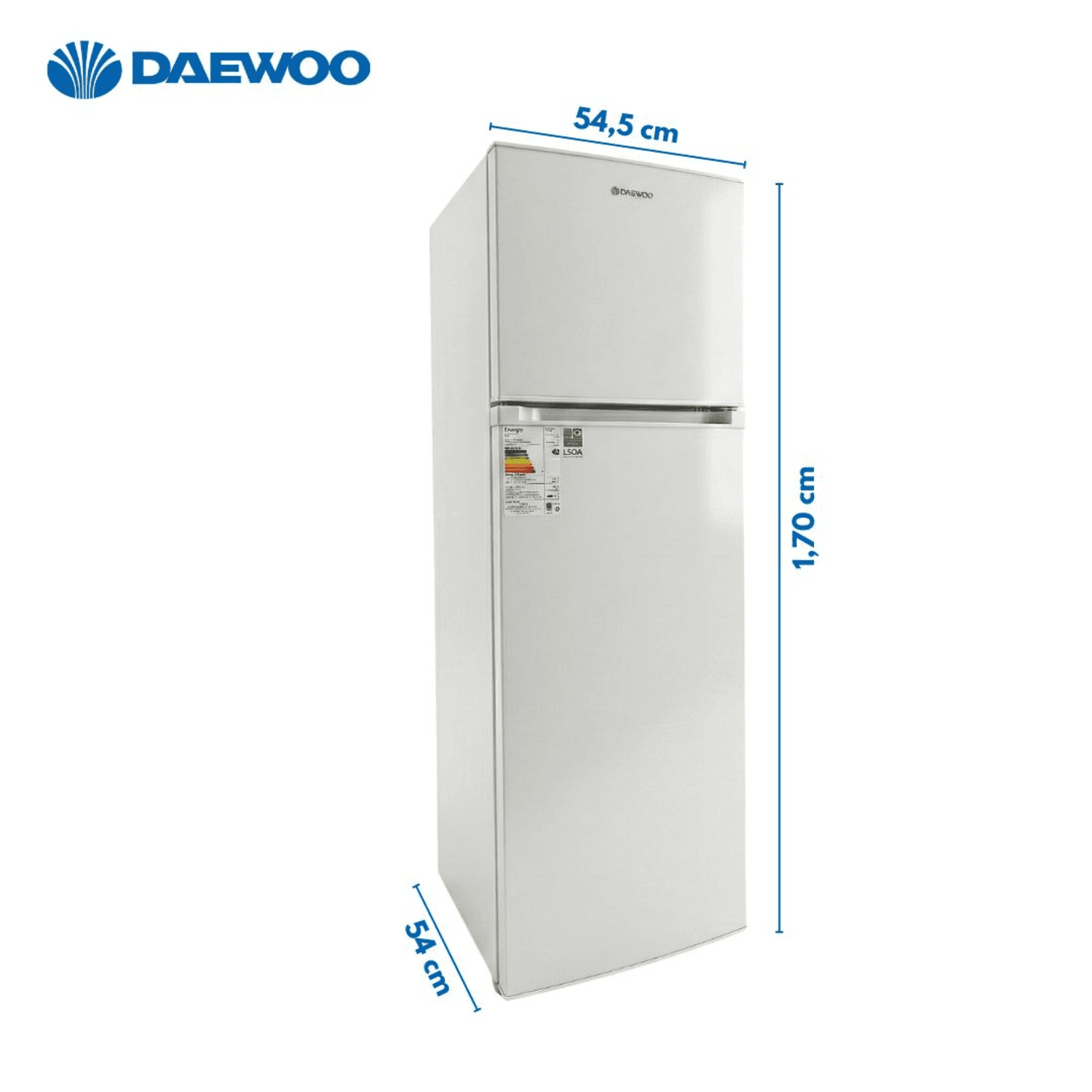 Heladera Daewoo DART275DW con sus medidas: 54,5 cm de ancho, 54 de fondo y 170 de alto