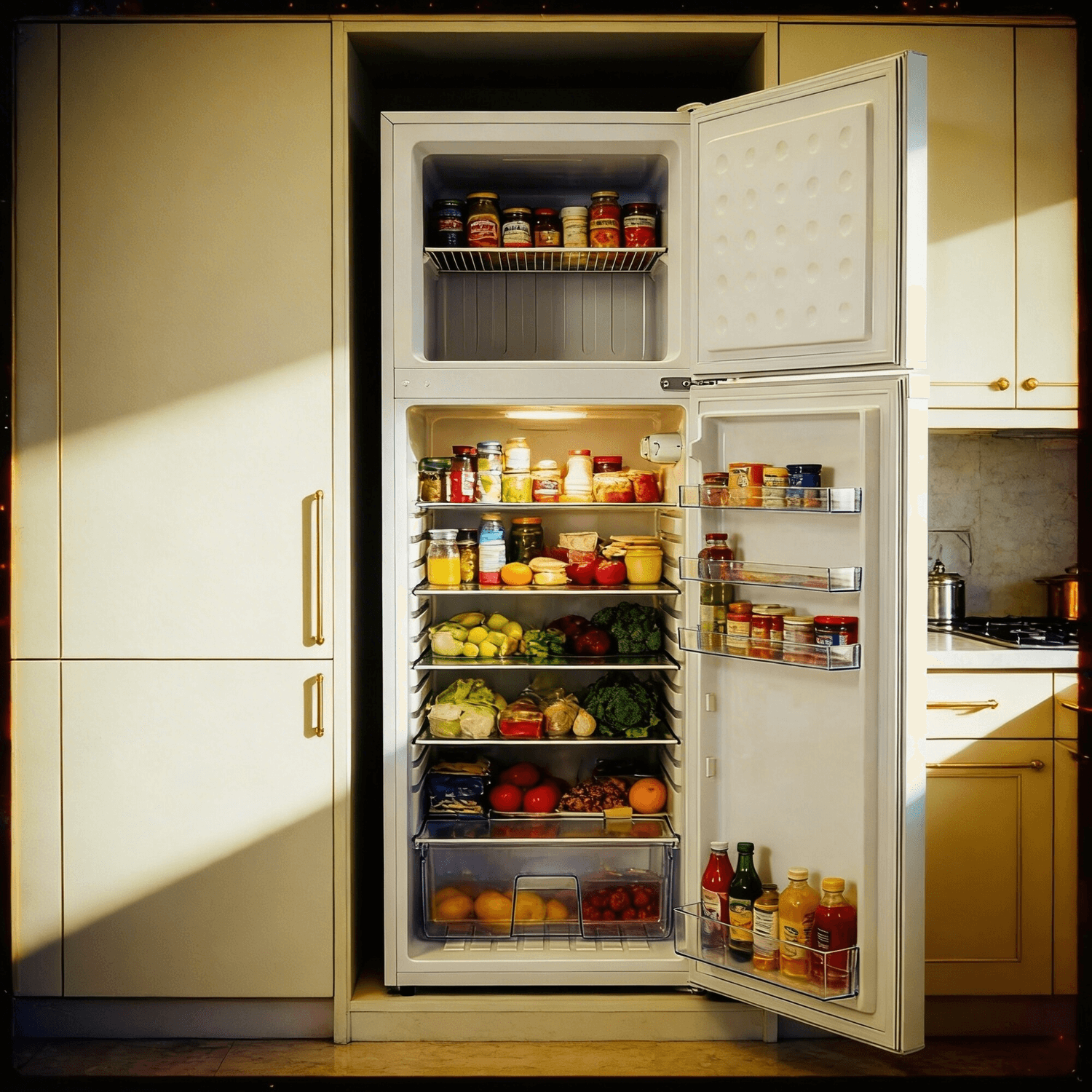 Heladera Daewoo DART275DW abierta con alimentos en una cocina
