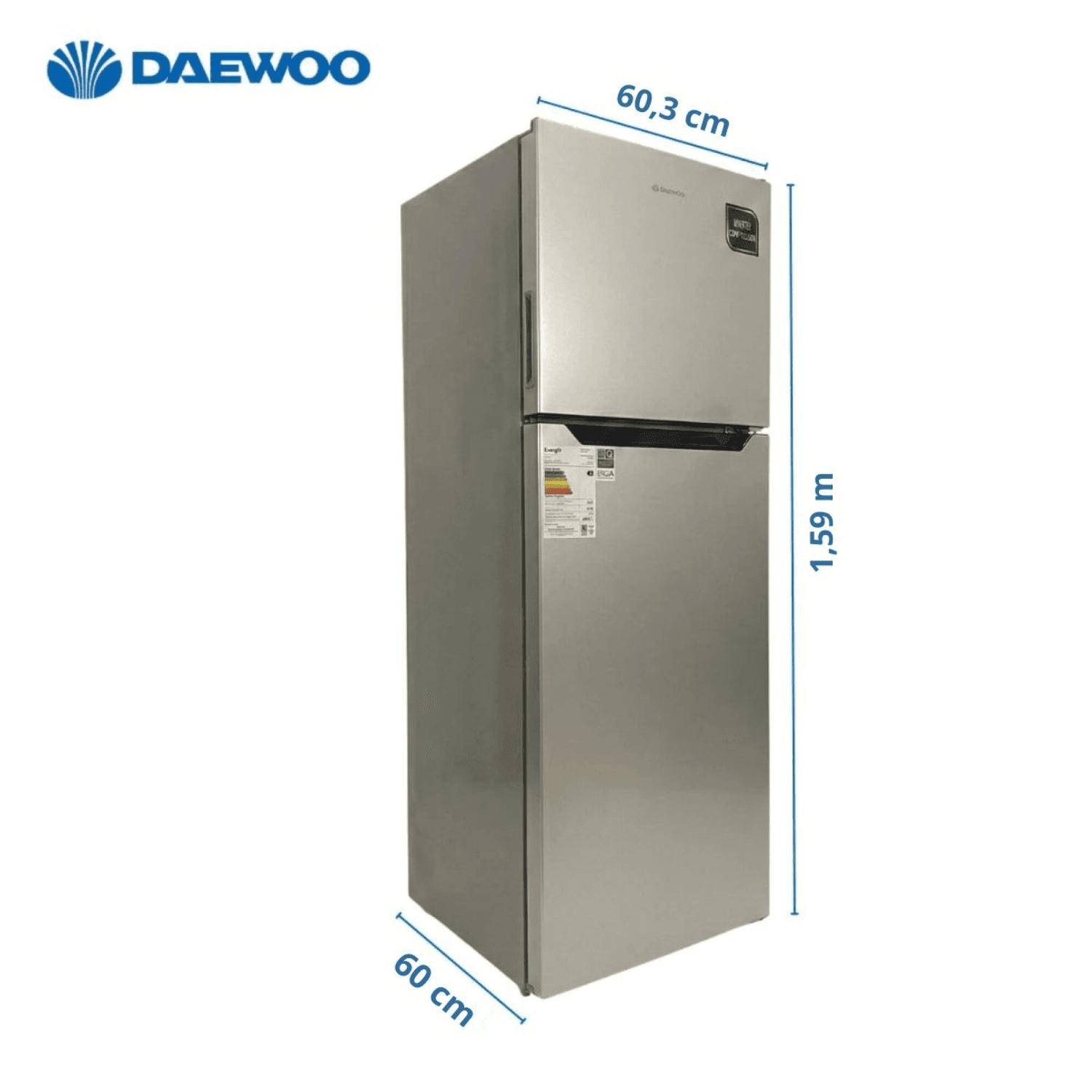 Heladera Daewoo DART338NS con sus medidas: 60,3 cm de ancho, 60 de fondo y alrededor de 1,60 m de alto