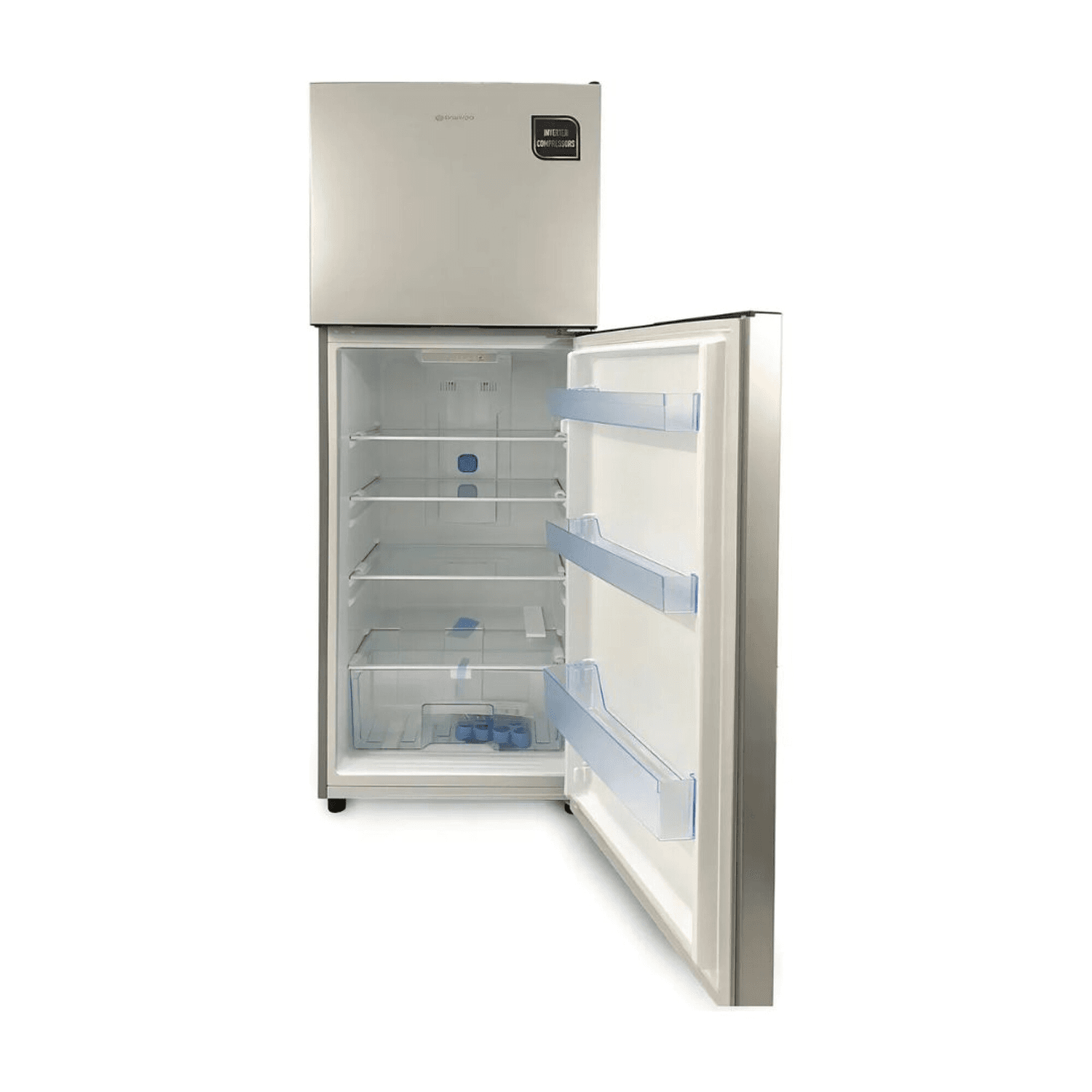 Heladera Daewoo DART338NS con la puerta del refrigerador abierta y su porta botellas
